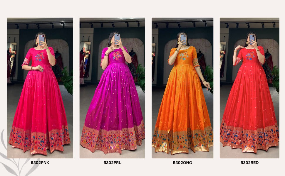Paithani Style Jacquard Silk Gown with Zari Weaving – Fully Stitched | Traditional Party Wear Dress