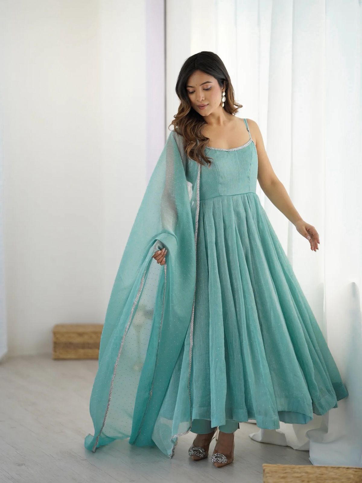 KB-287 Designer Anarkali Gown Set in Crunchy Silk with Sirozki Work – Dupatta & Pant | Ready to Wear | Festive Collection