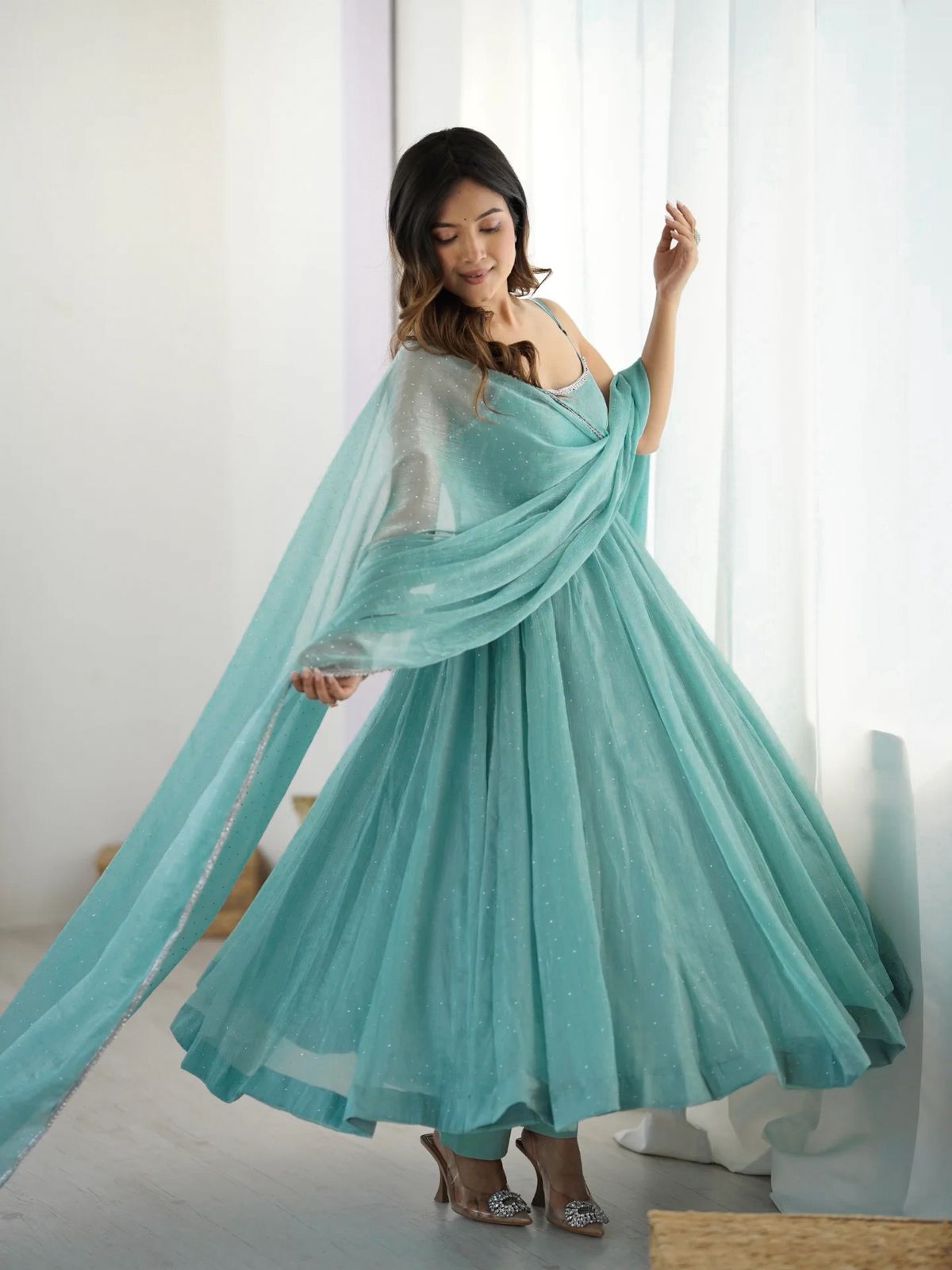 KB-287 Designer Anarkali Gown Set in Crunchy Silk with Sirozki Work – Dupatta & Pant | Ready to Wear | Festive Collection