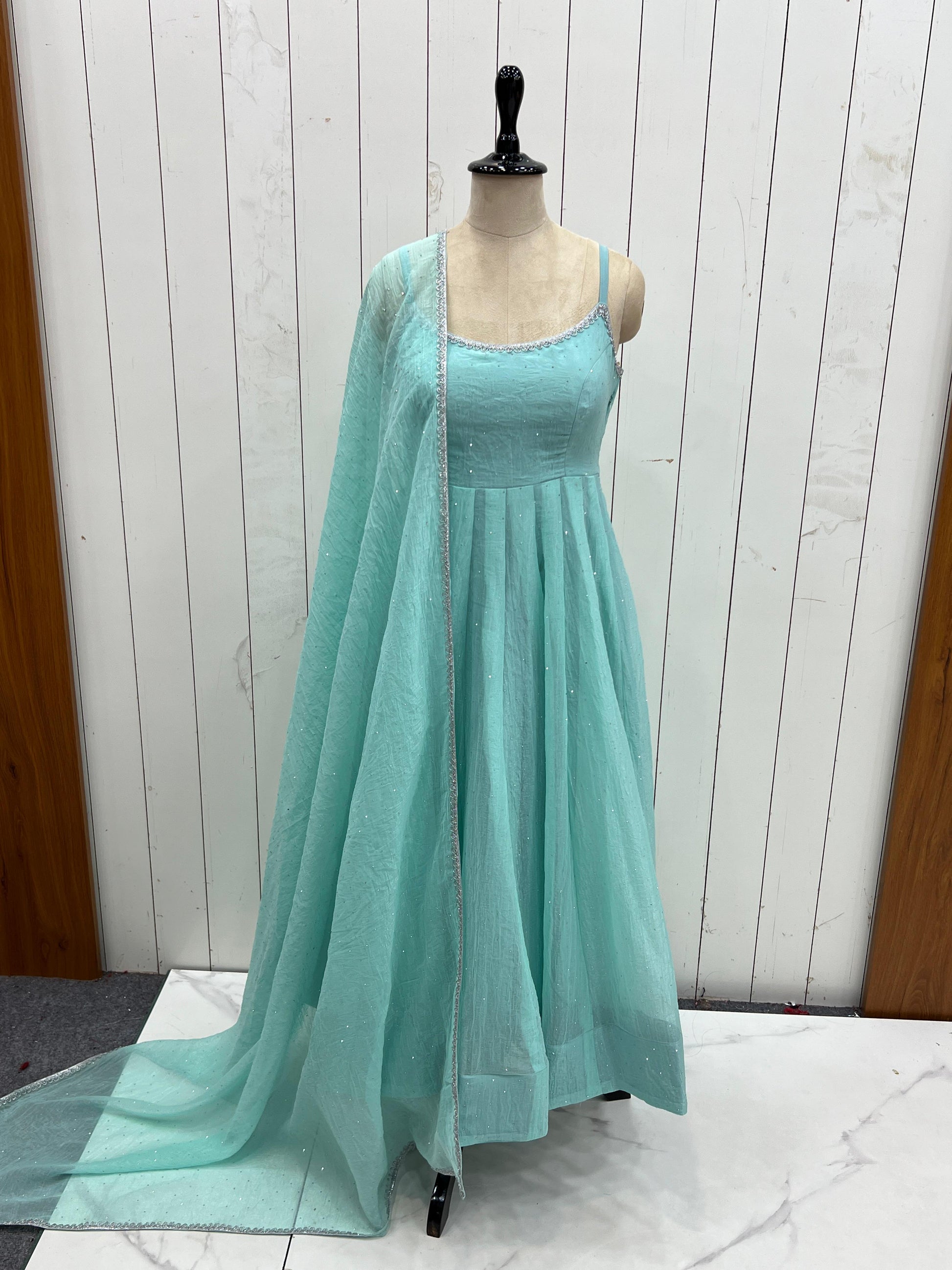 KB-287 Designer Anarkali Gown Set in Crunchy Silk with Sirozki Work – Dupatta & Pant | Ready to Wear | Festive Collection
