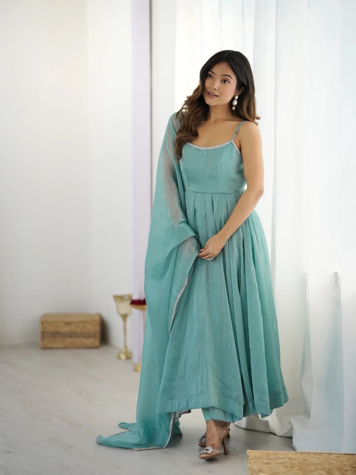 KB-287 Designer Anarkali Gown Set in Crunchy Silk with Sirozki Work – Dupatta & Pant | Ready to Wear | Festive Collection