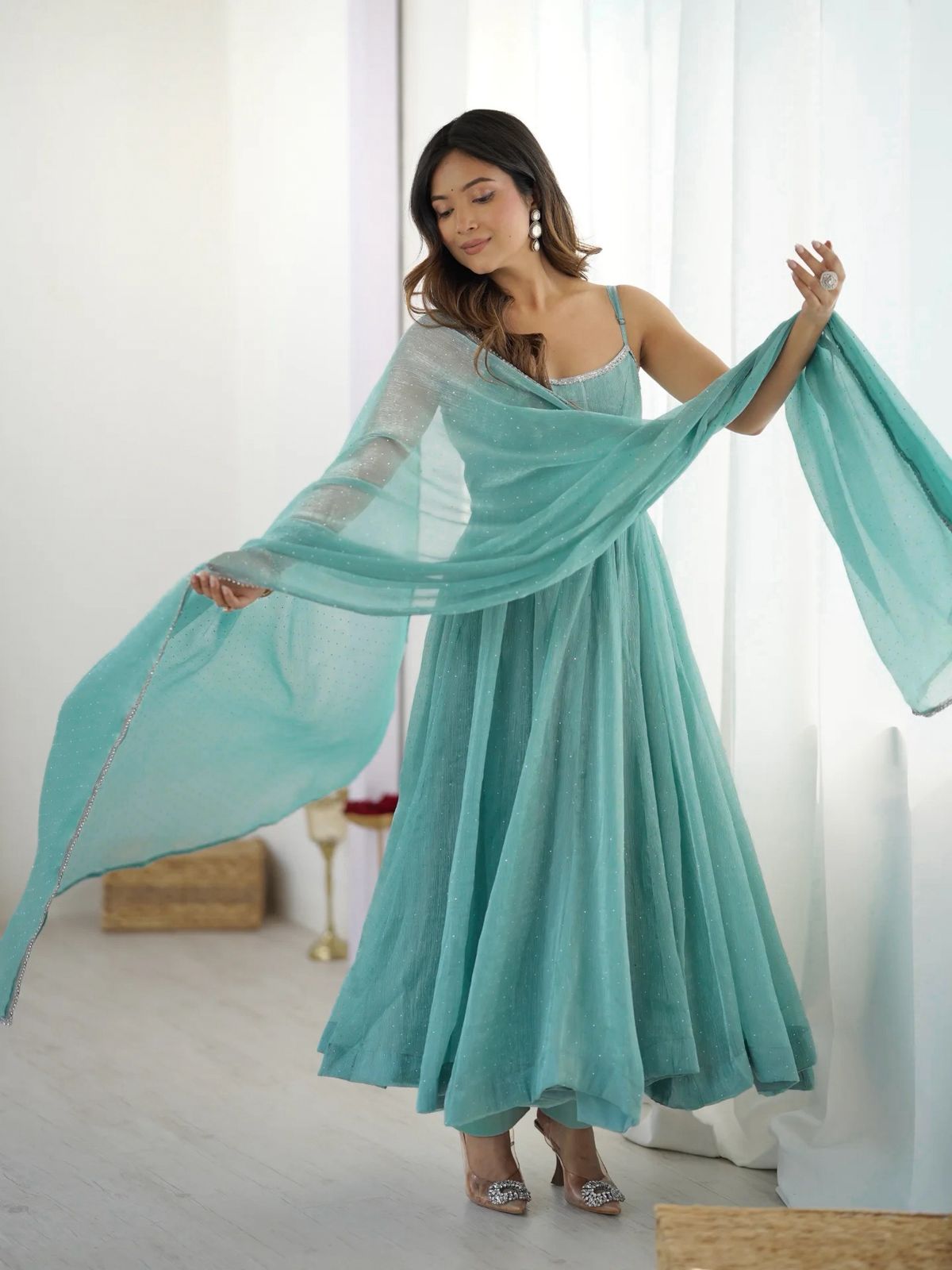 KB-287 Designer Anarkali Gown Set in Crunchy Silk with Sirozki Work – Dupatta & Pant | Ready to Wear | Festive Collection
