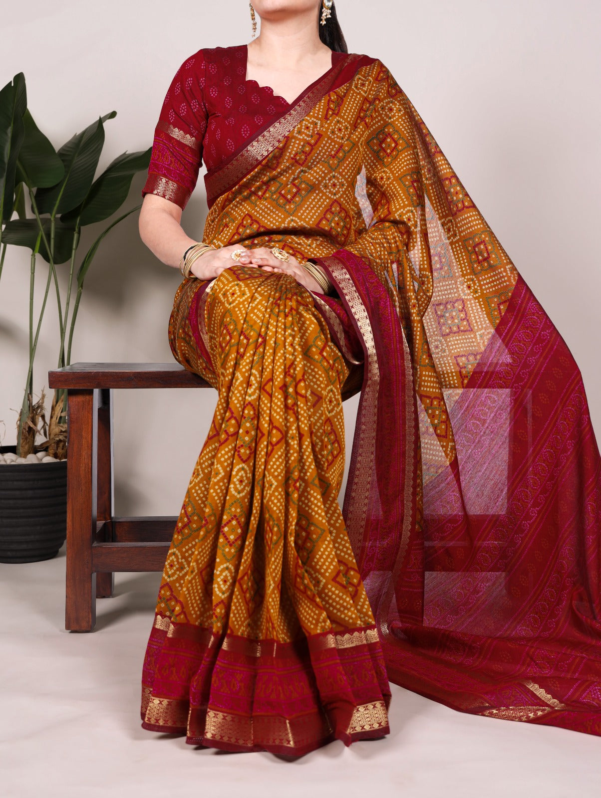 Bandhej Print Chanderi Saree with Zari Weaving – YNF7046 Series | Polyester Viscose | Unstitched Blouse | Festive Wear