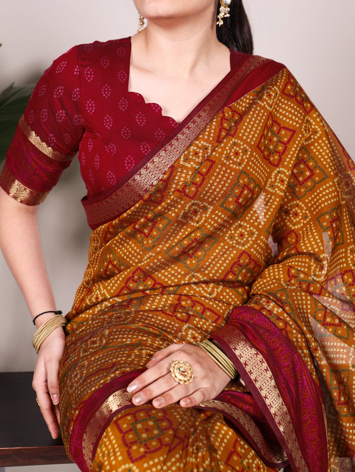 Bandhej Print Chanderi Saree with Zari Weaving – YNF7046 Series | Polyester Viscose | Unstitched Blouse | Festive Wear