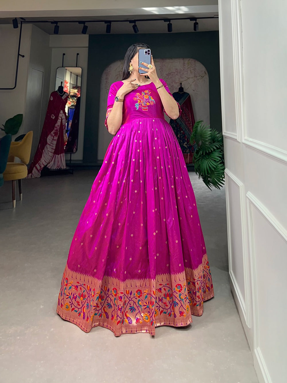 Paithani Style Jacquard Silk Gown with Zari Weaving – Fully Stitched | Traditional Party Wear Dress