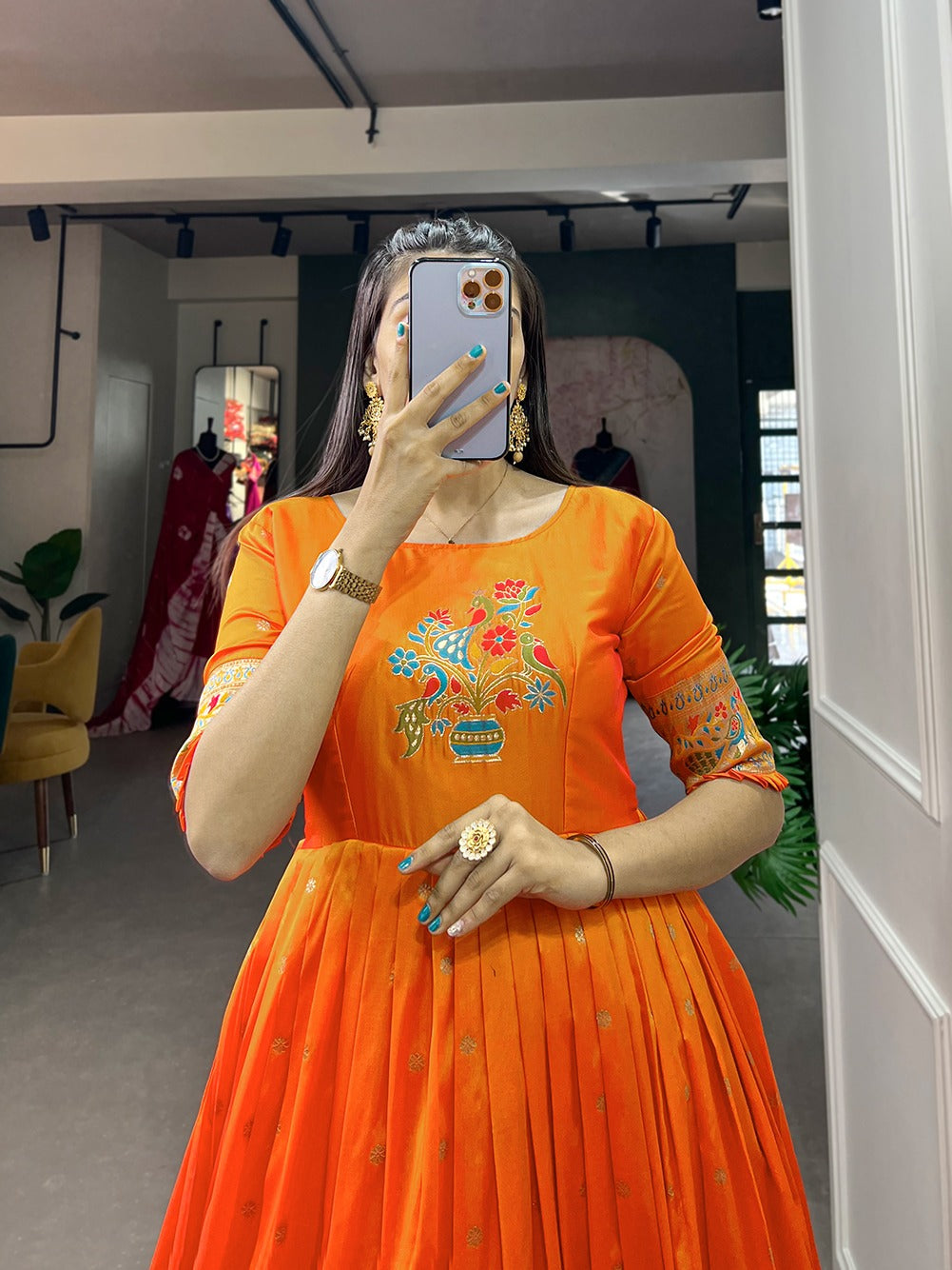Paithani Style Jacquard Silk Gown with Zari Weaving – Fully Stitched | Traditional Party Wear Dress