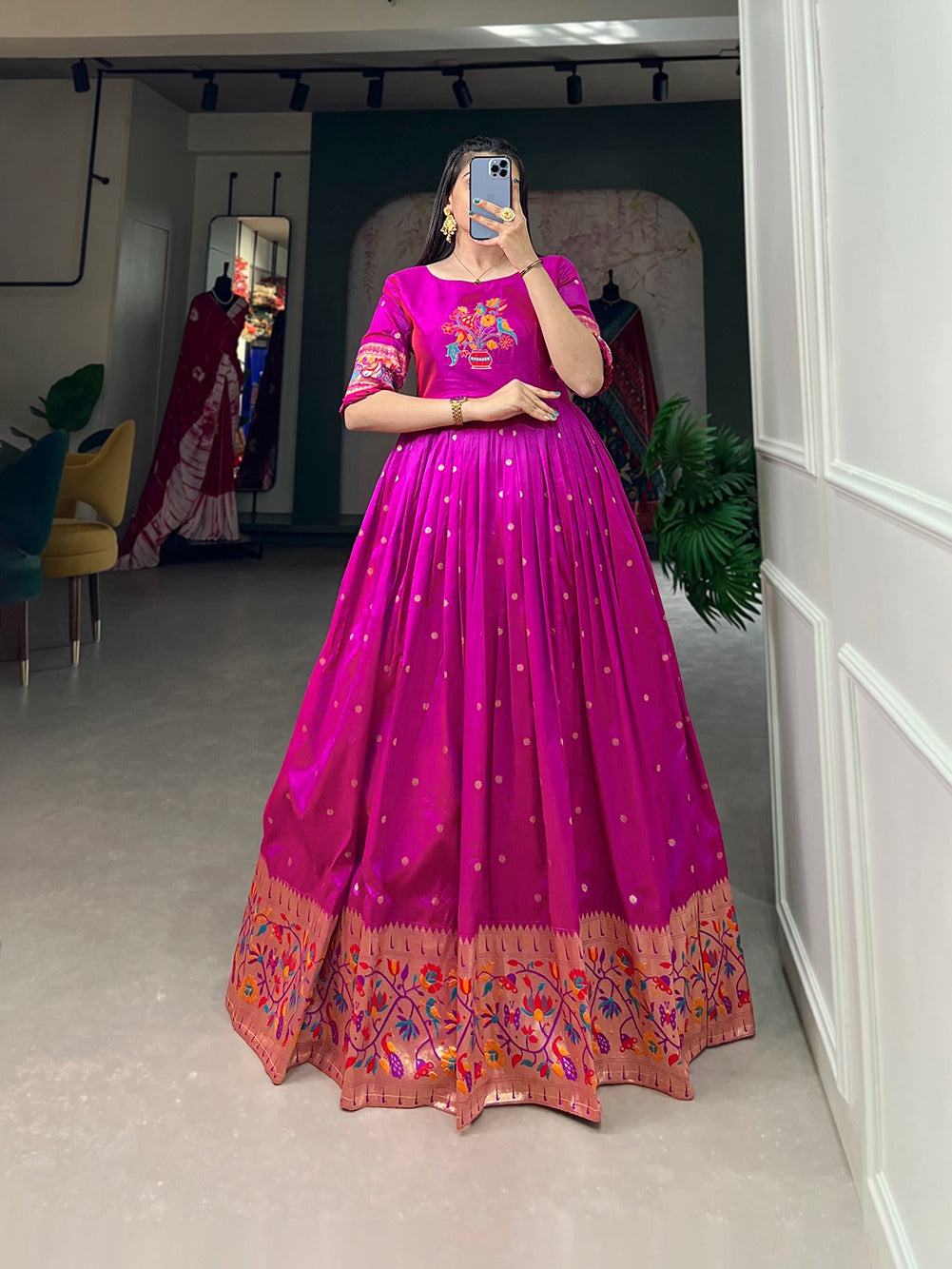 Paithani Style Jacquard Silk Gown with Zari Weaving – Fully Stitched | Traditional Party Wear Dress