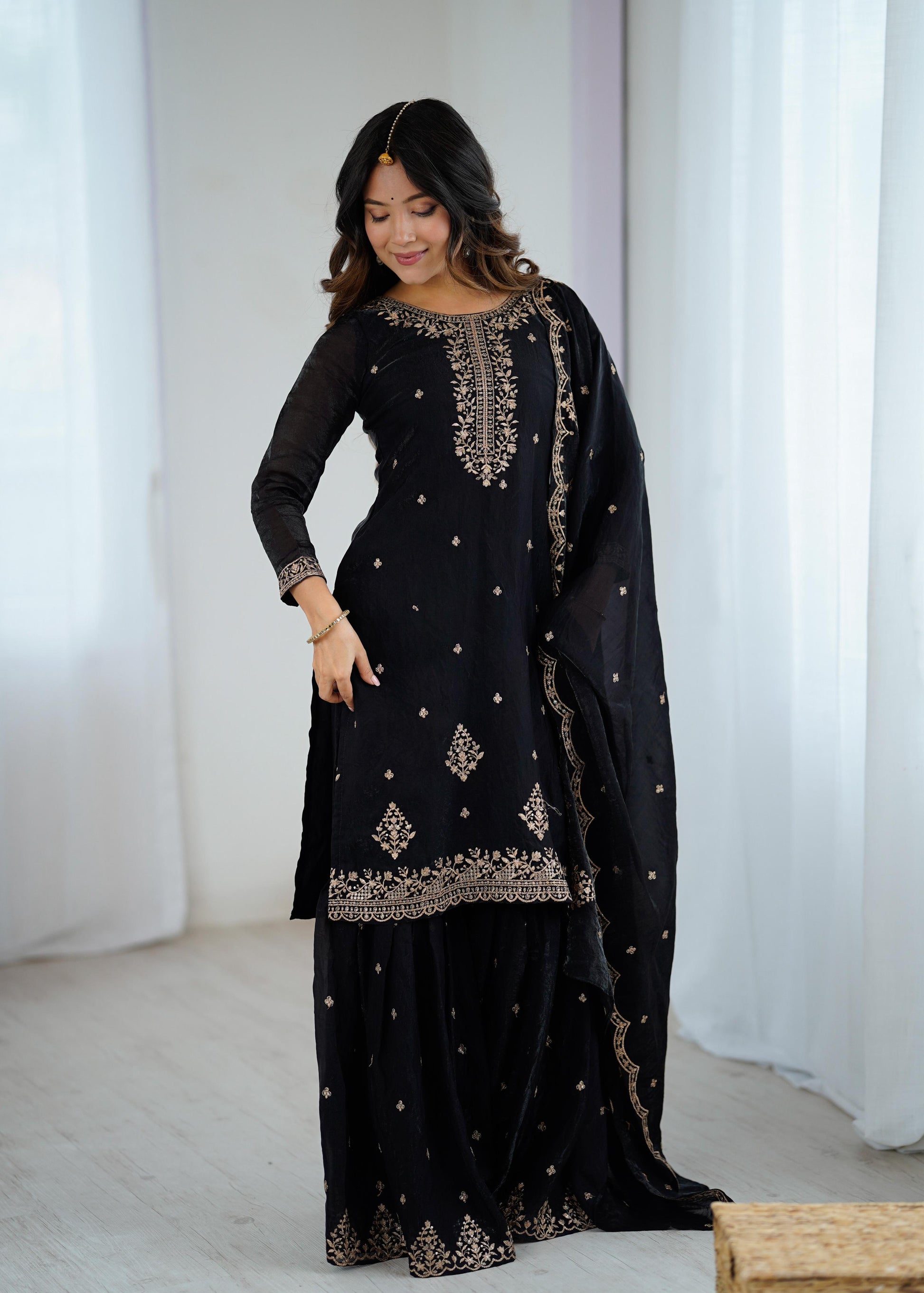Designer Kediyakurta Sharara Set in Crunchy Silk – Jari & Sequence Embroidery | Dupatta Included | Festive Wear | Ready to Wear