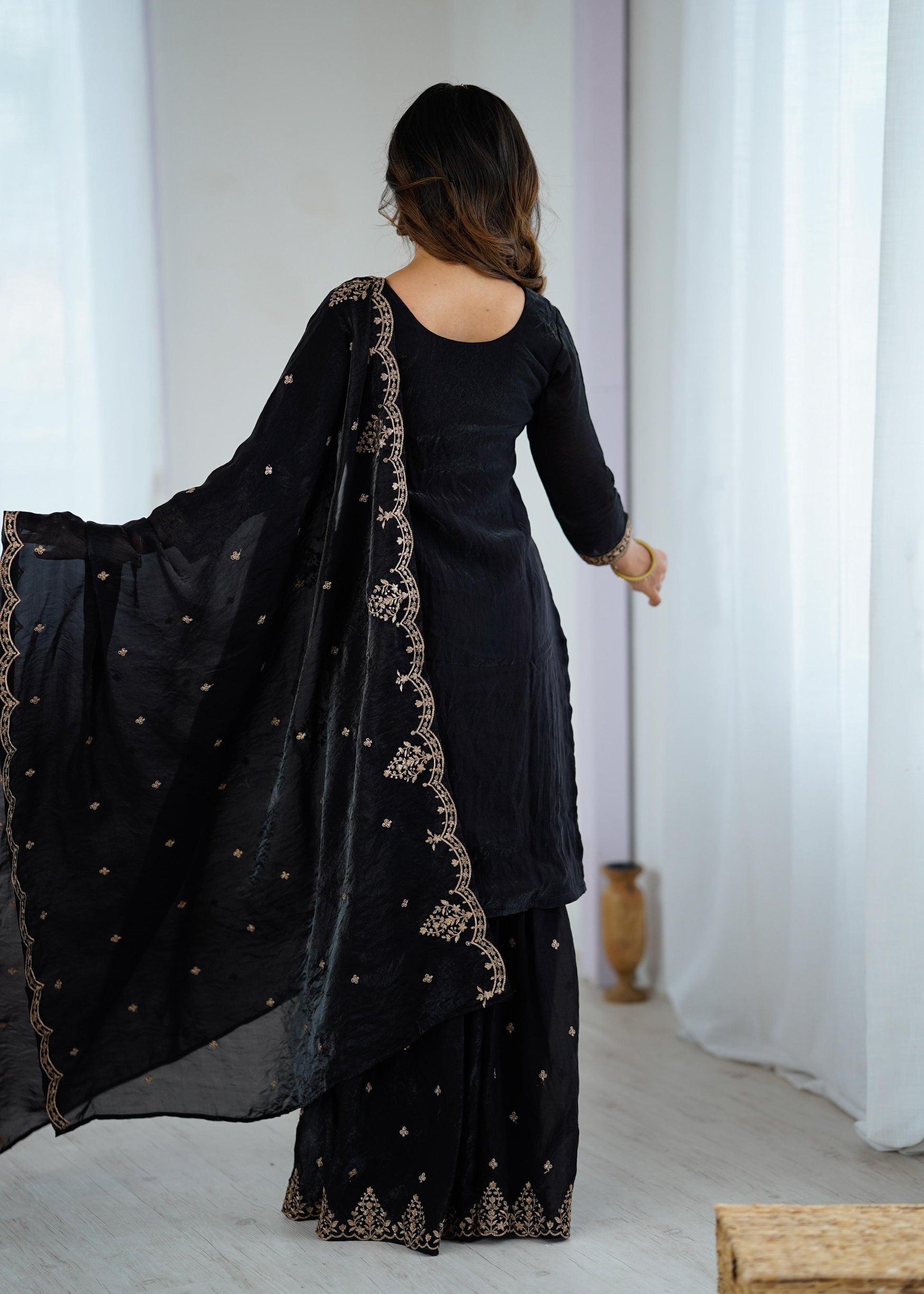 Designer Kediyakurta Sharara Set in Crunchy Silk – Jari & Sequence Embroidery | Dupatta Included | Festive Wear | Ready to Wear