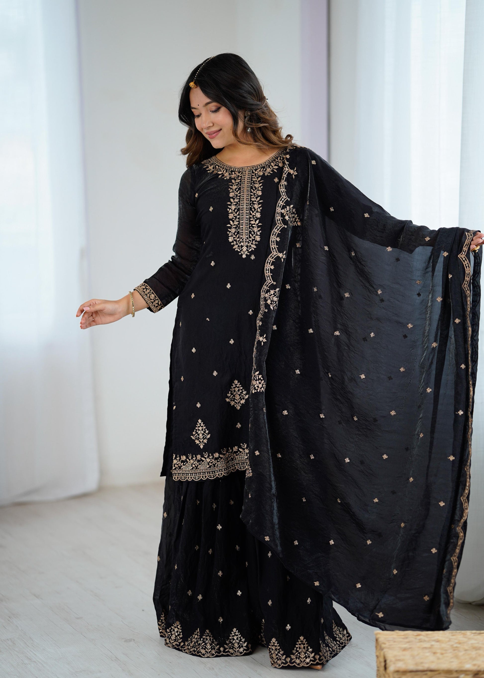 Designer Kediyakurta Sharara Set in Crunchy Silk – Jari & Sequence Embroidery | Dupatta Included | Festive Wear | Ready to Wear