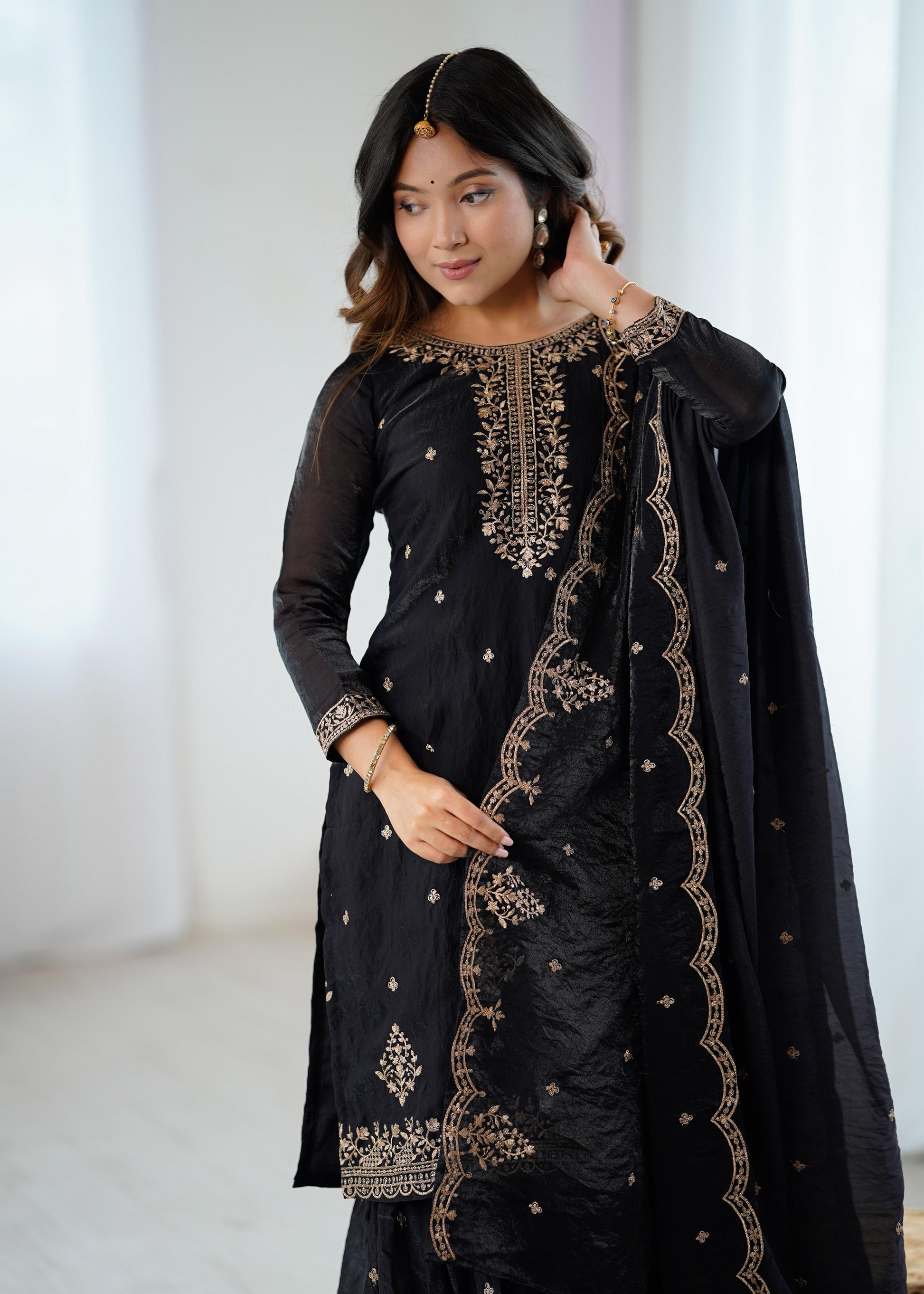 Designer Kediyakurta Sharara Set in Crunchy Silk – Jari & Sequence Embroidery | Dupatta Included | Festive Wear | Ready to Wear