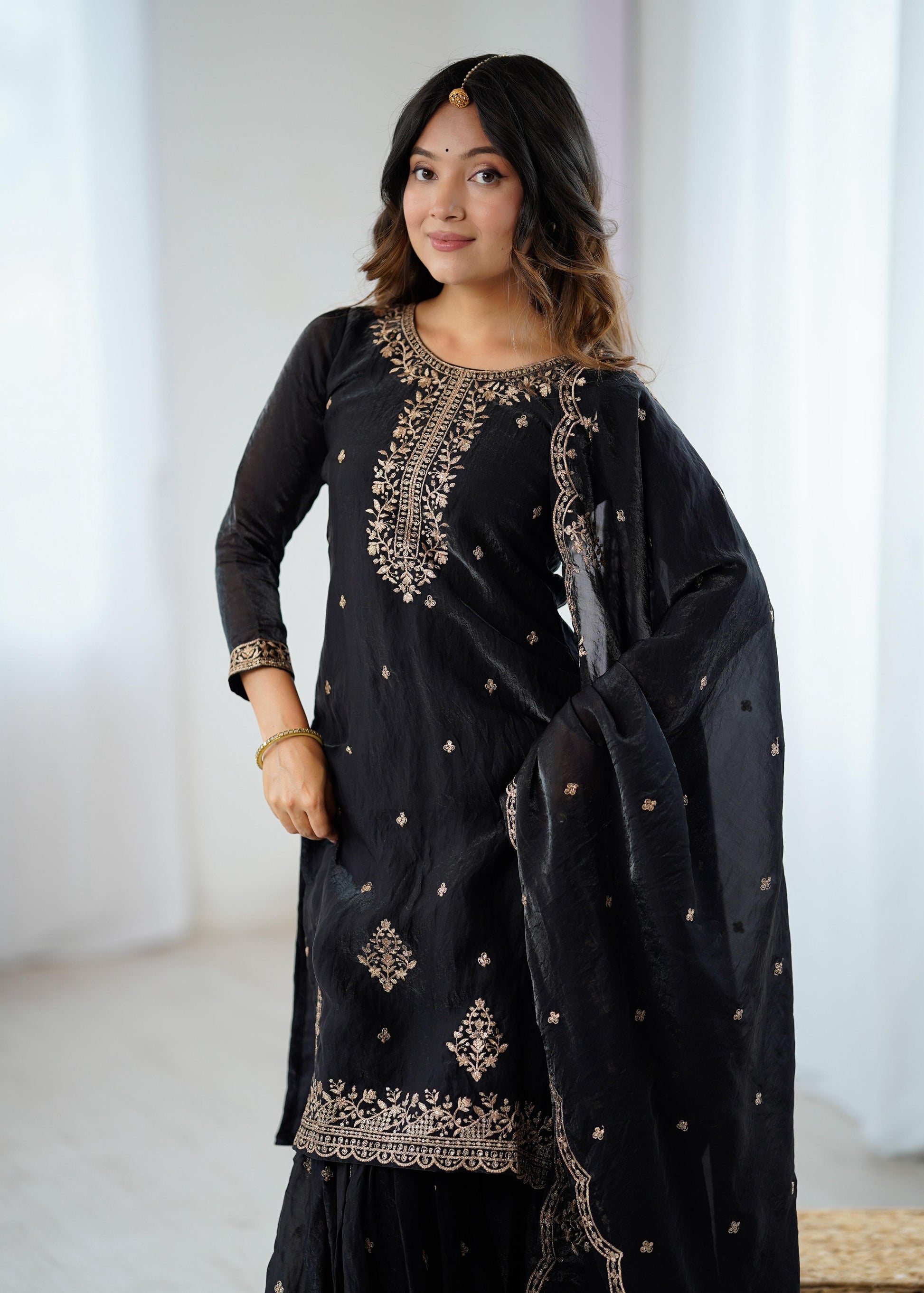 Designer Kediyakurta Sharara Set in Crunchy Silk – Jari & Sequence Embroidery | Dupatta Included | Festive Wear | Ready to Wear