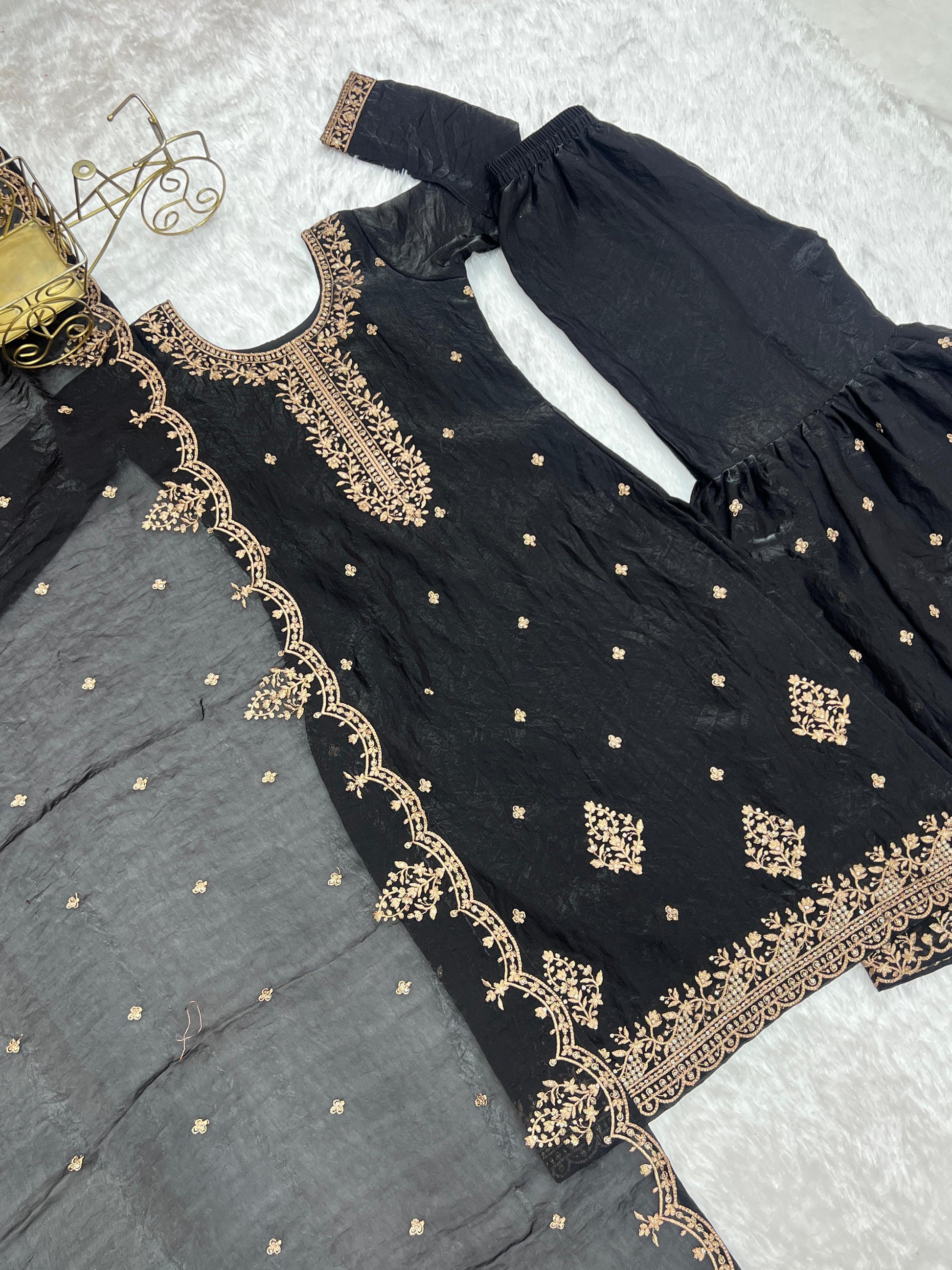 Designer Kediyakurta Sharara Set in Crunchy Silk – Jari & Sequence Embroidery | Dupatta Included | Festive Wear | Ready to Wear