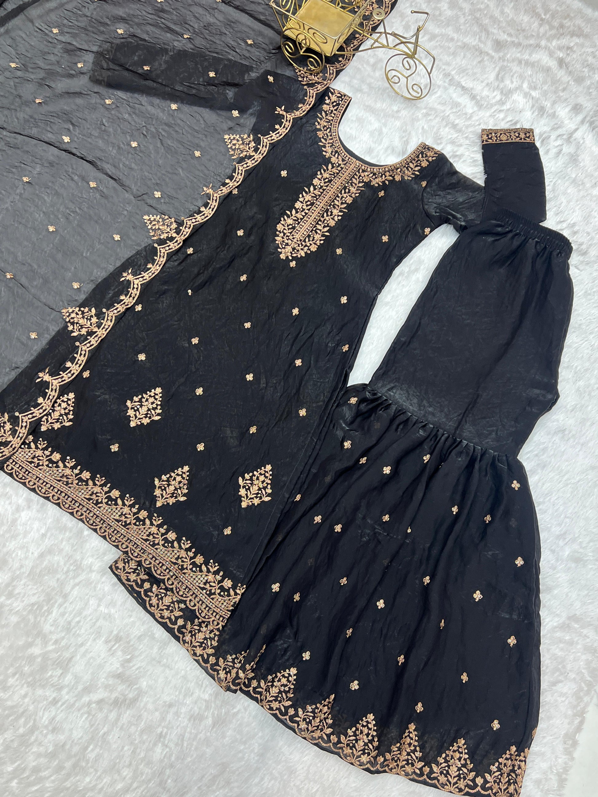Designer Kediyakurta Sharara Set in Crunchy Silk – Jari & Sequence Embroidery | Dupatta Included | Festive Wear | Ready to Wear