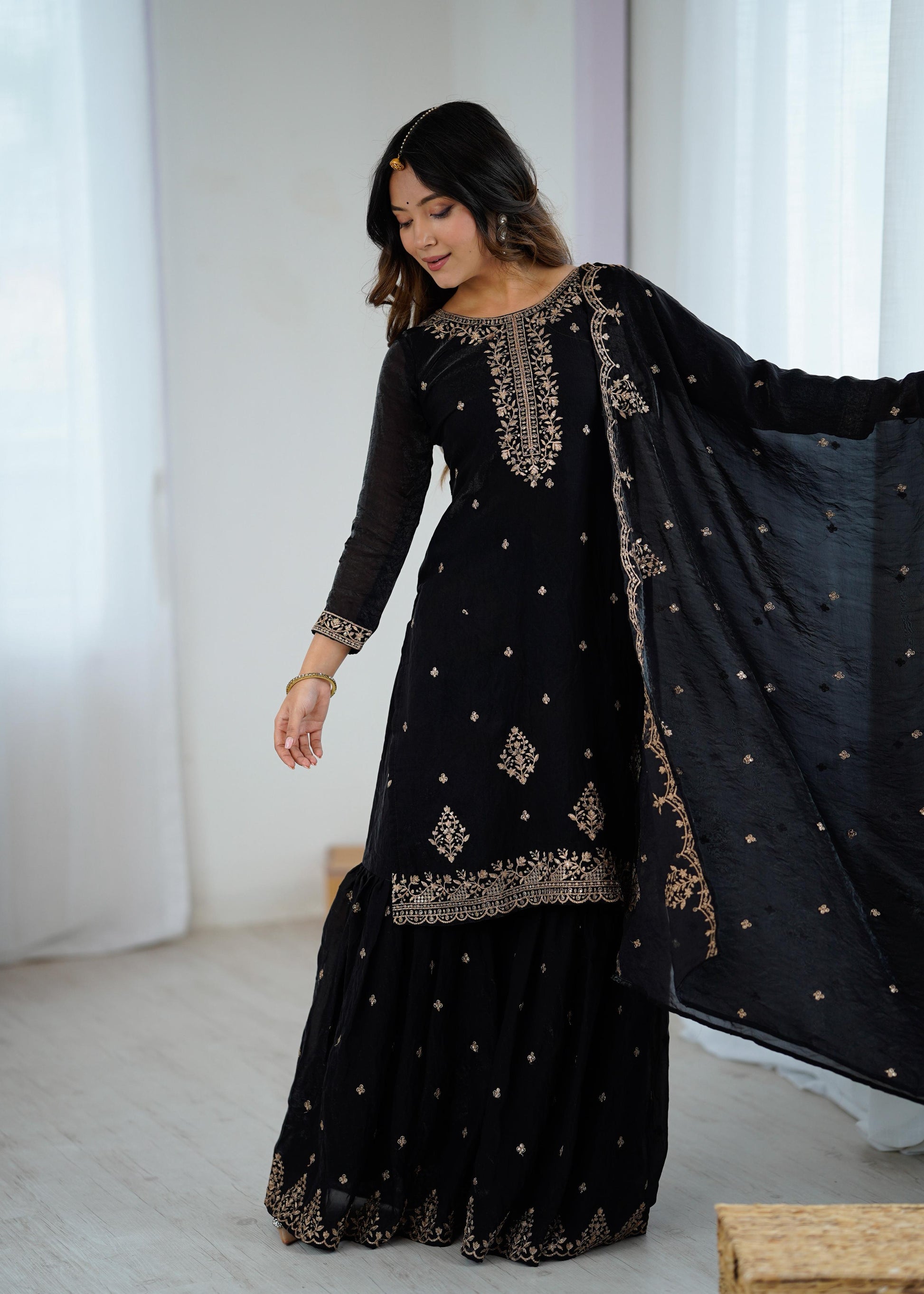 Designer Kediyakurta Sharara Set in Crunchy Silk – Jari & Sequence Embroidery | Dupatta Included | Festive Wear | Ready to Wear