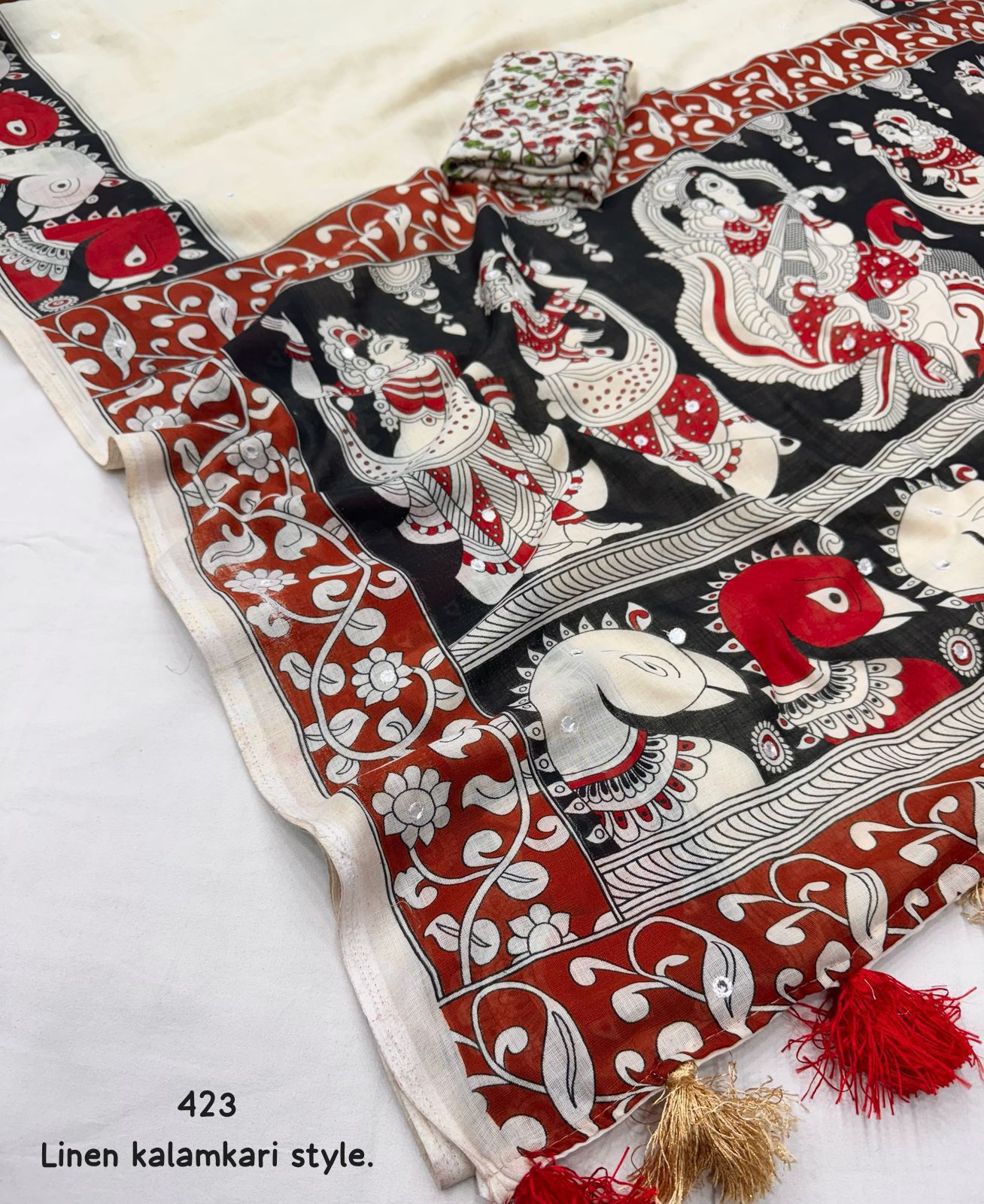 Ivory Linen Saree with Kalamkari Print & Aari Mirror Work – Soft Fabric with Tassel Pallu | Printed Blouse | Trending 2025