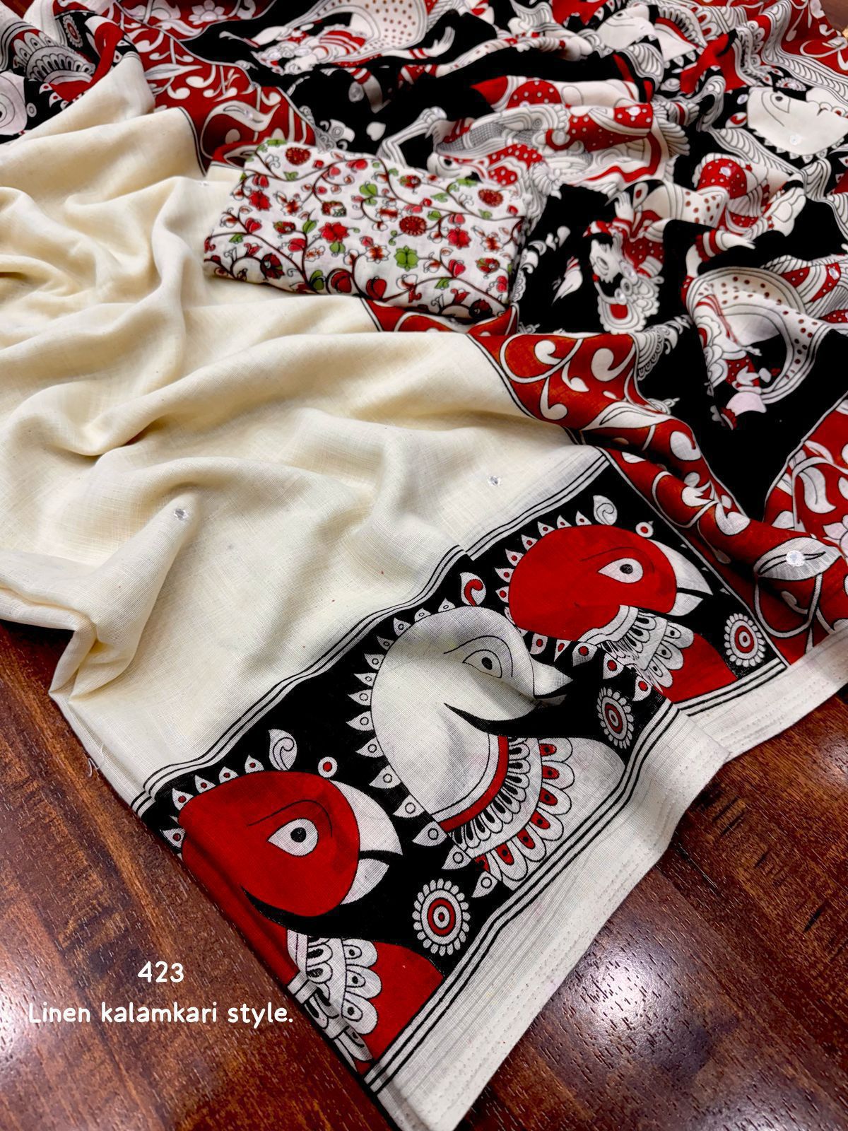 Ivory Linen Saree with Kalamkari Print & Aari Mirror Work – Soft Fabric with Tassel Pallu | Printed Blouse | Trending 2025