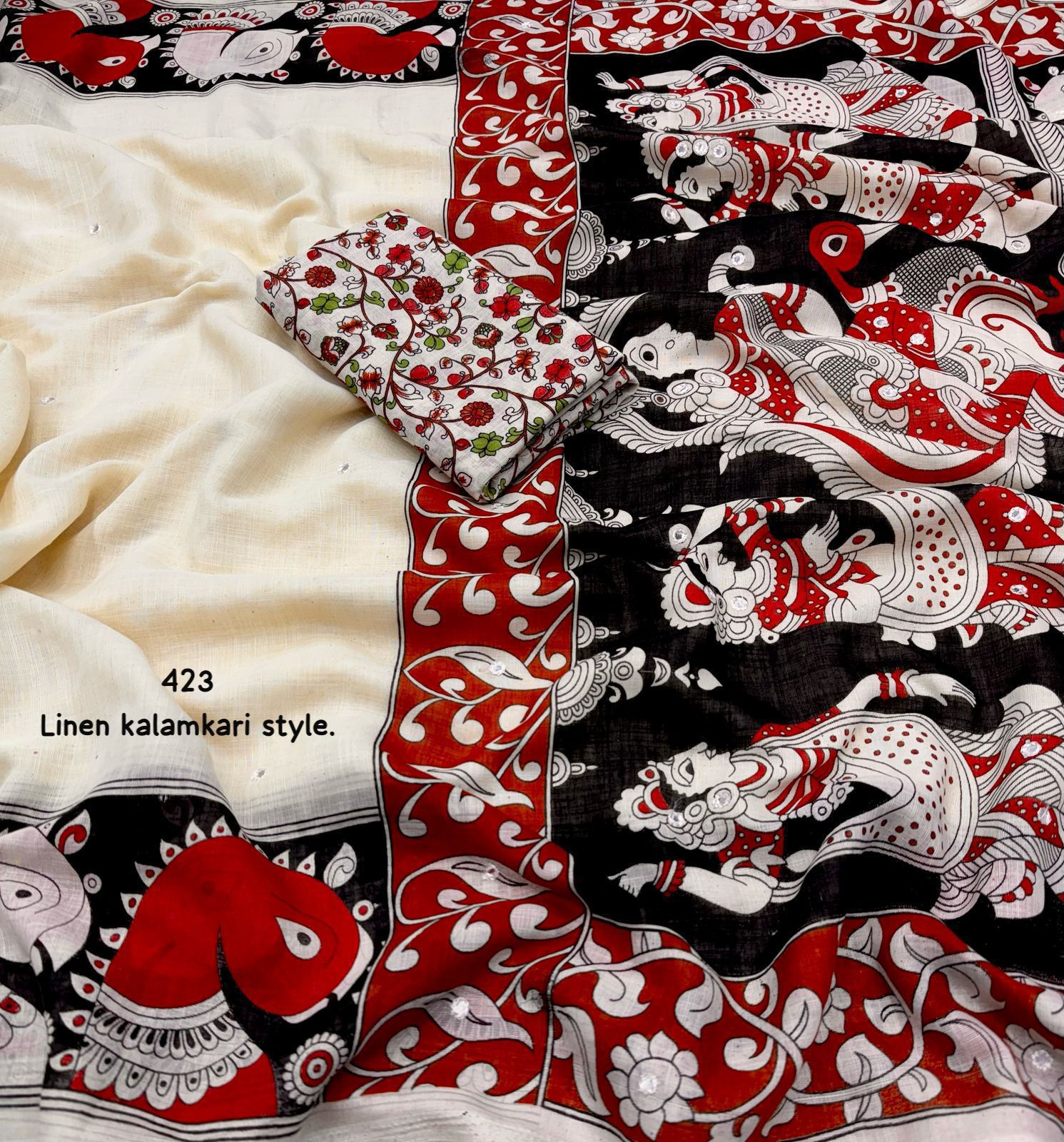 Ivory Linen Saree with Kalamkari Print & Aari Mirror Work – Soft Fabric with Tassel Pallu | Printed Blouse | Trending 2025