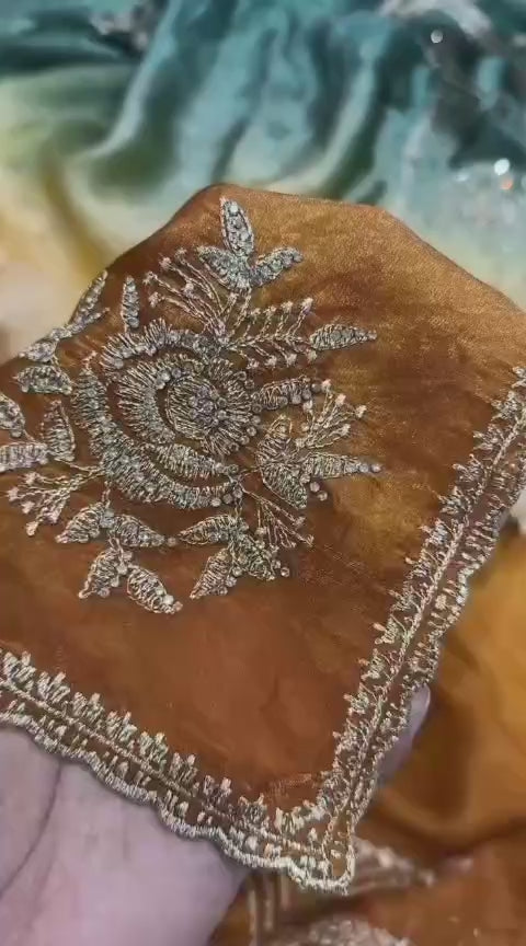 Designer Fandy Satin Saree with 3D Padding, Zari Embroidery & Swarovski Work – Premium Partywear