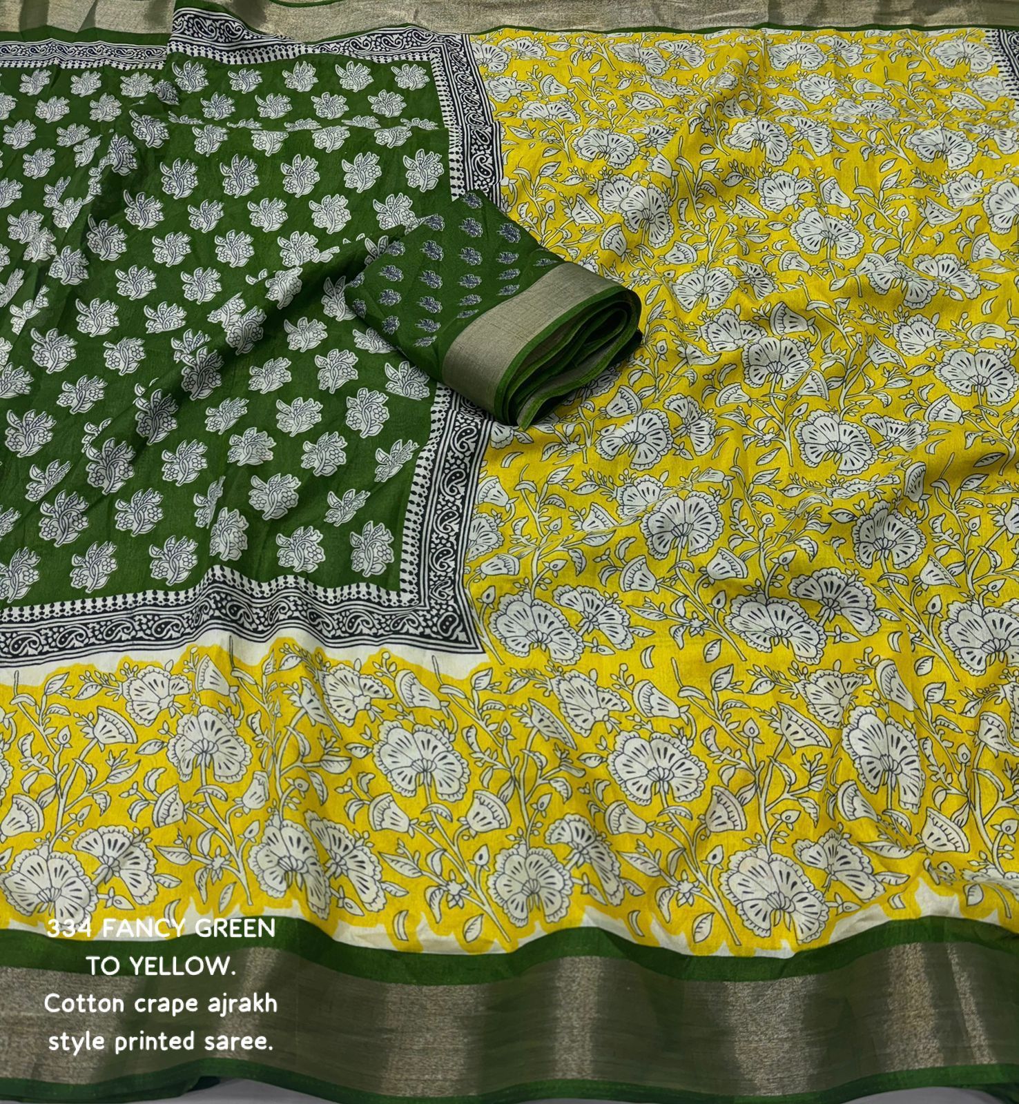 Ajrakh Print Cotton Crepe Saree – Green to Yellow Gradient with Blouse | Daily Wear & Festive Look