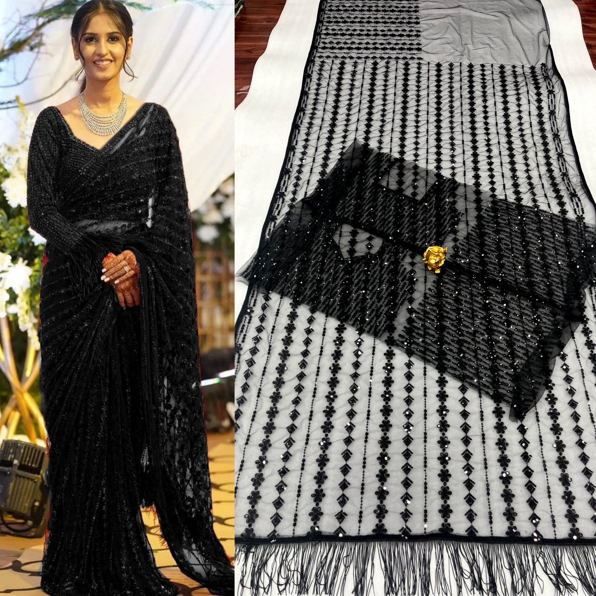DF 3369 Bollywood Designer Mono Net Saree with Heavy Sequins Embroidery & Net Blouse – Party Wear