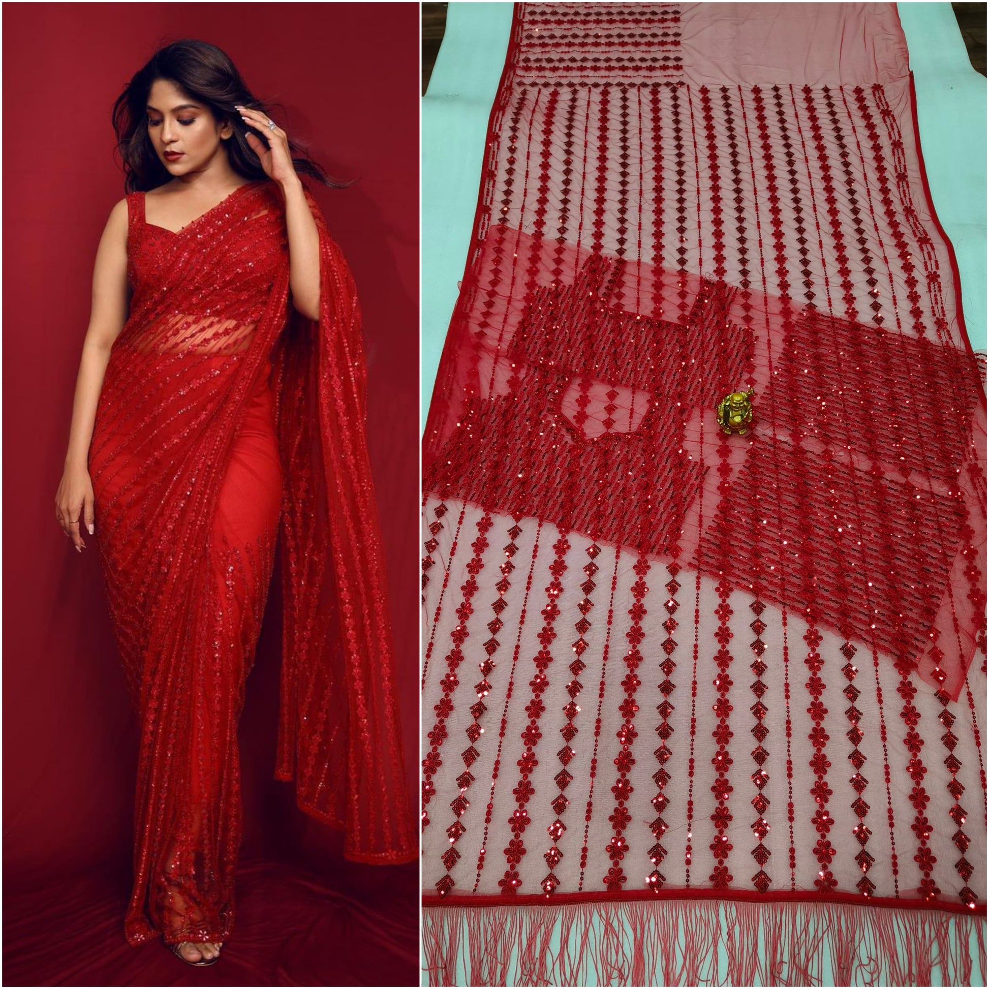 DF 3369 Bollywood Designer Mono Net Saree with Heavy Sequins Embroidery & Net Blouse – Party Wear