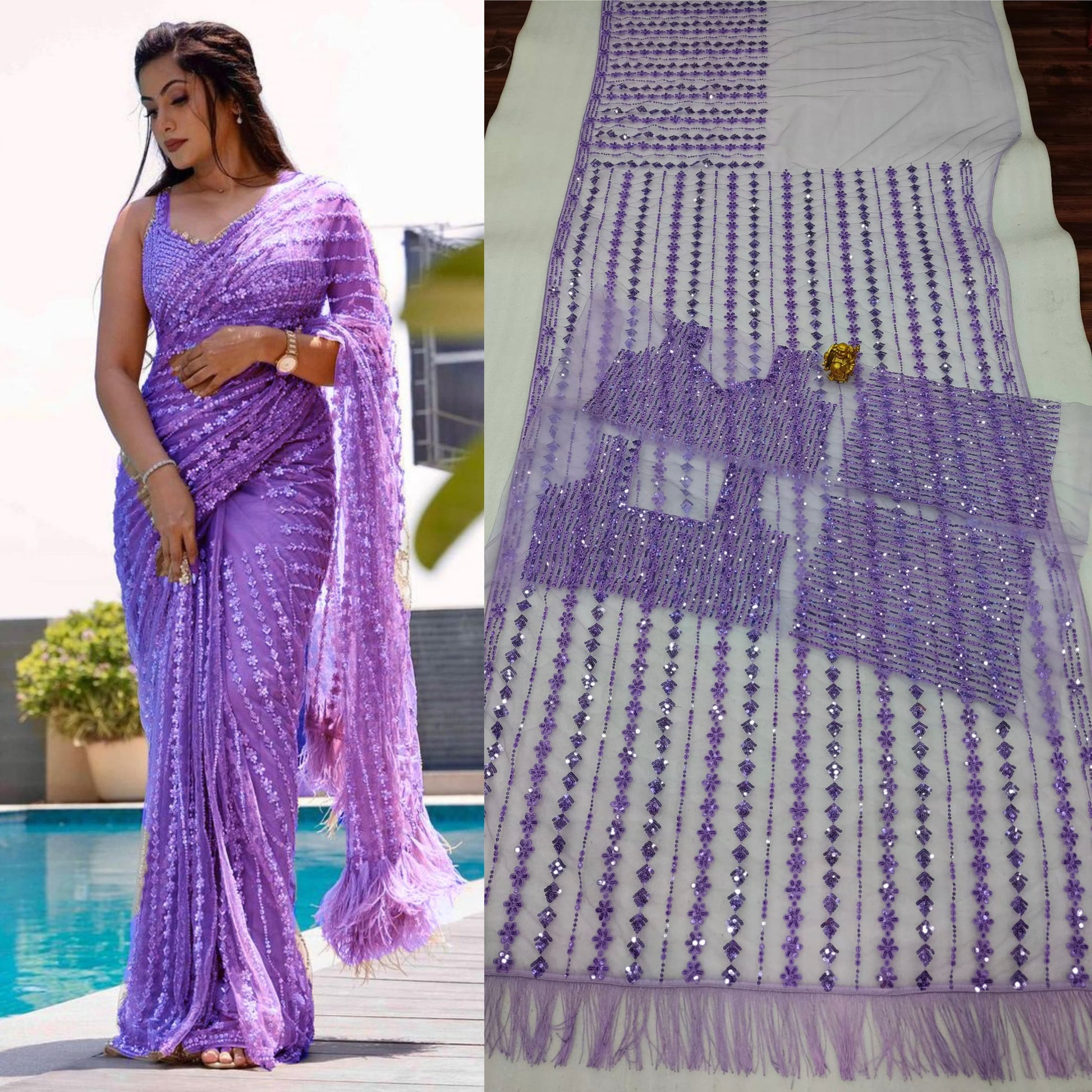 DF 3369 Bollywood Designer Mono Net Saree with Heavy Sequins Embroidery & Net Blouse – Party Wear