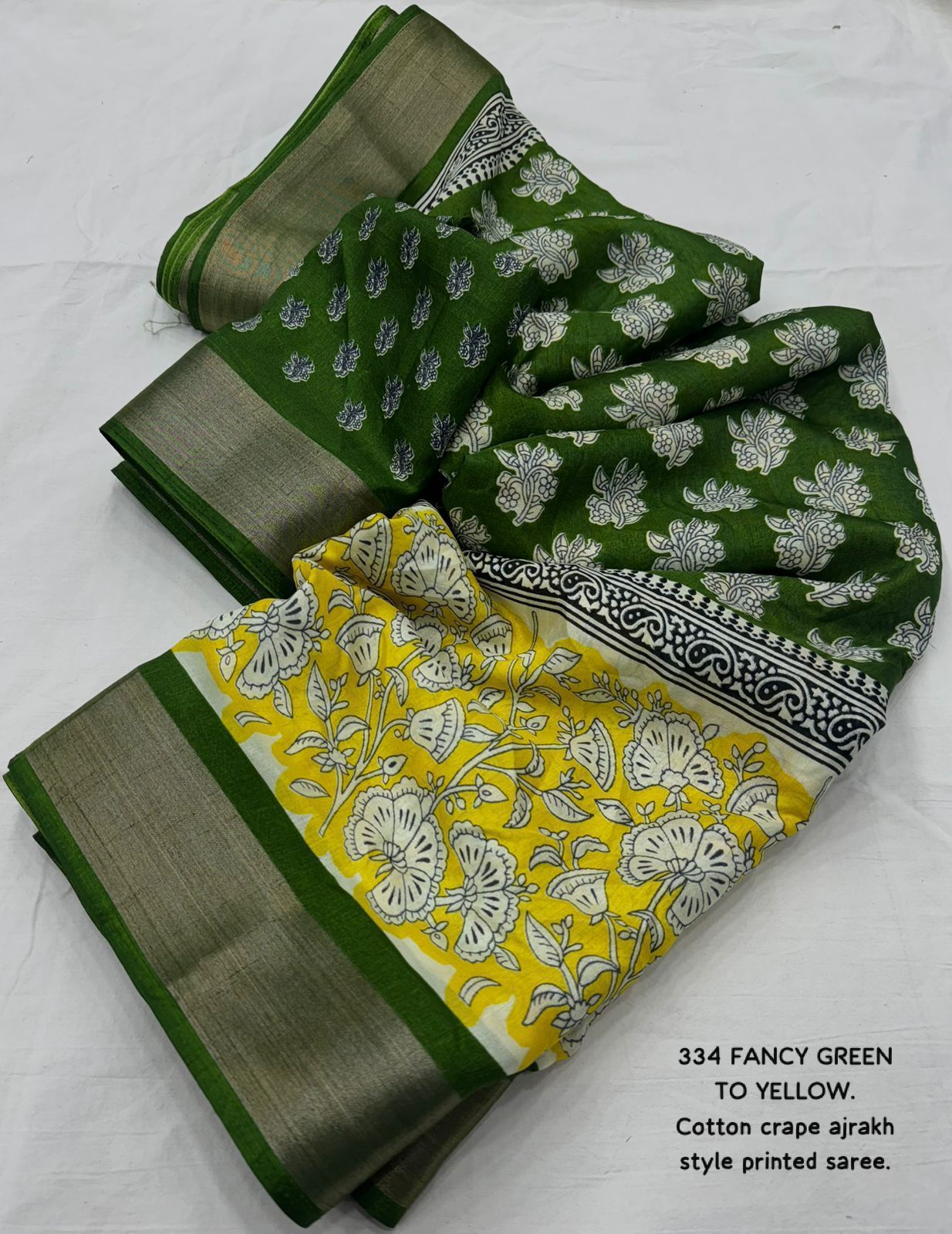 Ajrakh Print Cotton Crepe Saree – Green to Yellow Gradient with Blouse | Daily Wear & Festive Look