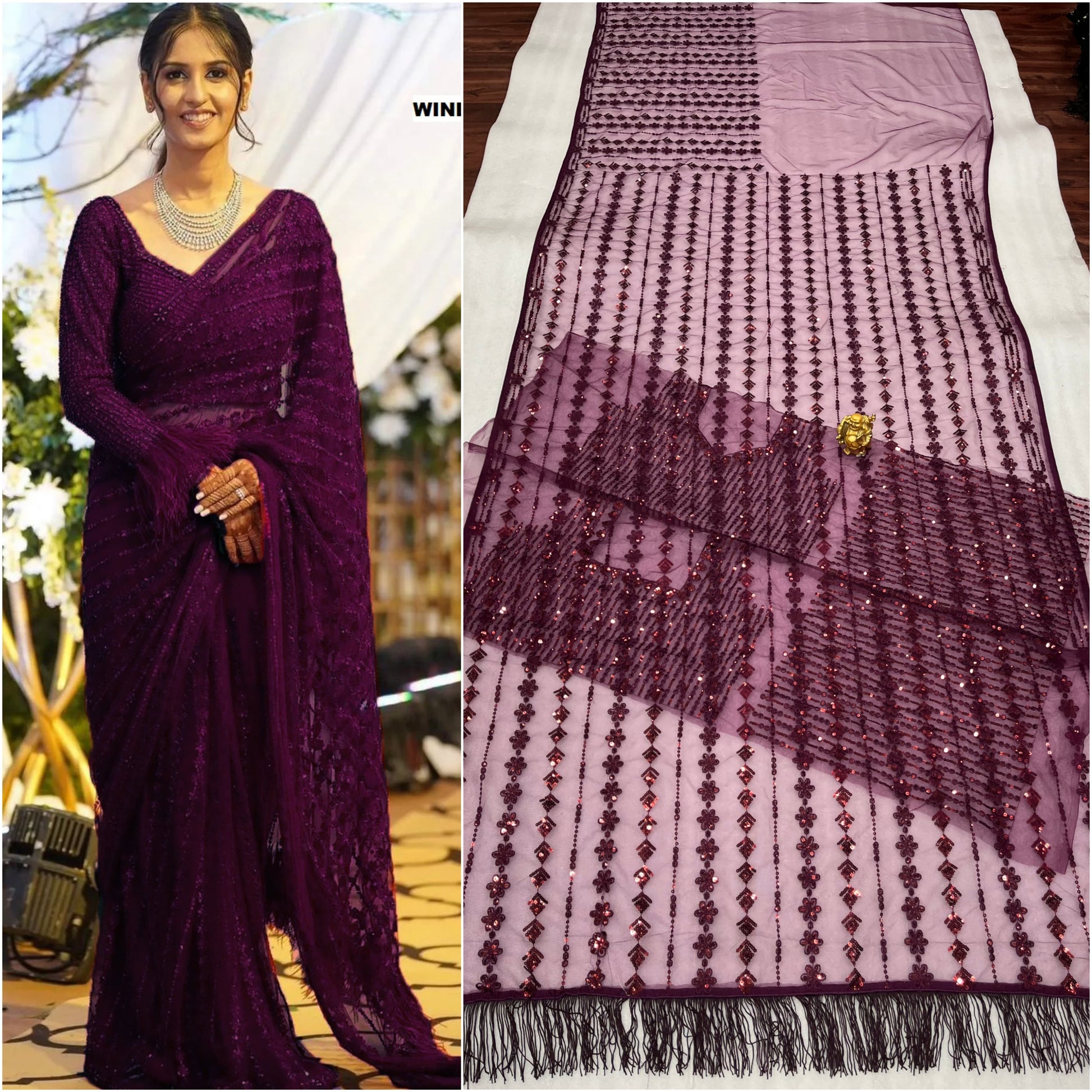 DF 3369 Bollywood Designer Mono Net Saree with Heavy Sequins Embroidery & Net Blouse – Party Wear