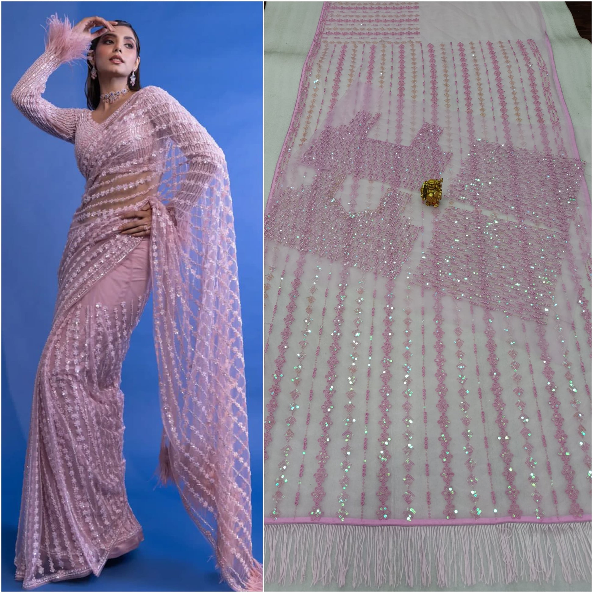 DF 3369 Bollywood Designer Mono Net Saree with Heavy Sequins Embroidery & Net Blouse – Party Wear
