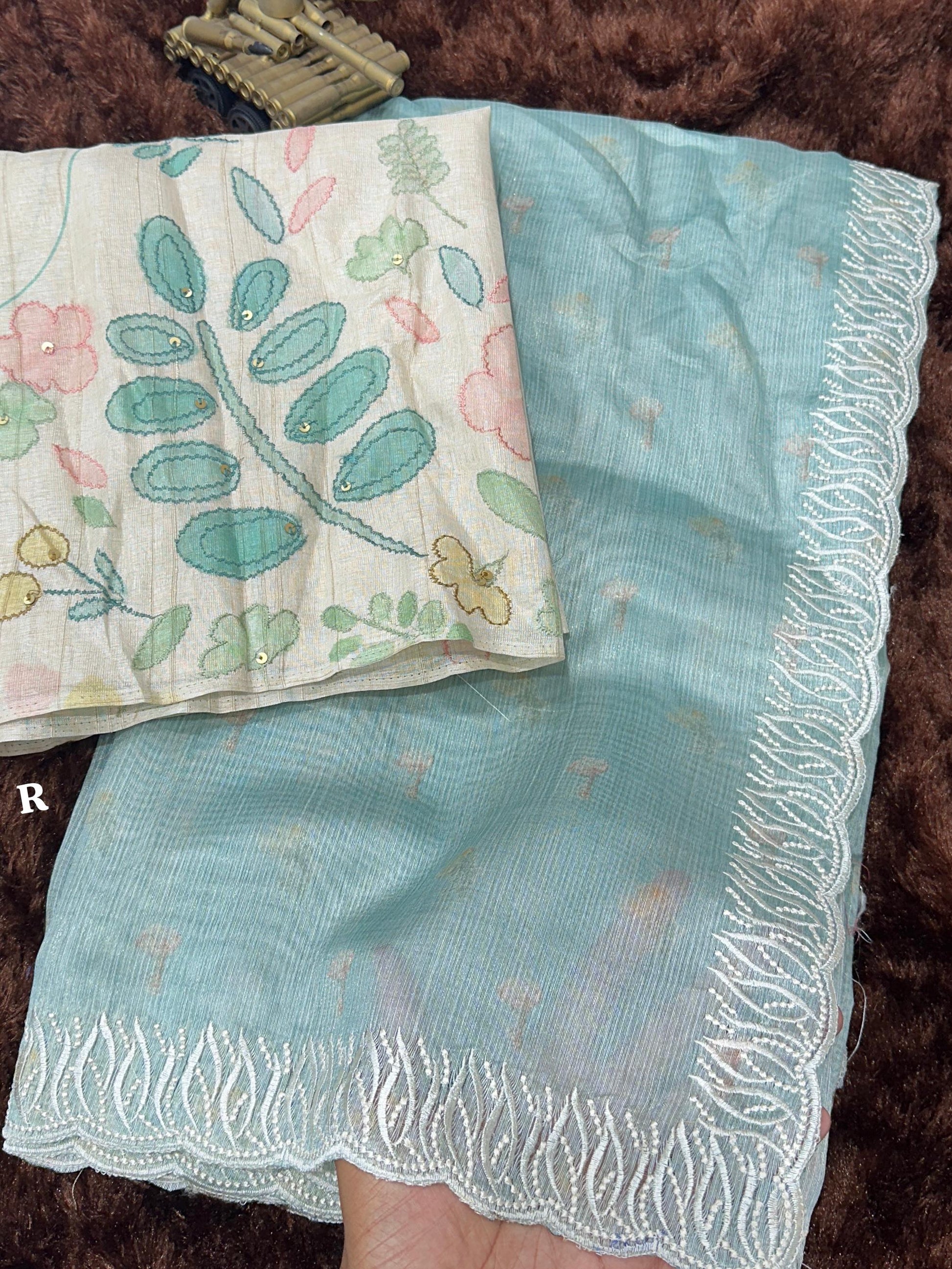 VAIDAHI Designer Tani Sani Silk Saree with Cutwork & Tusser Linen Blouse – Thread Embroidery | Elegant Party Wear