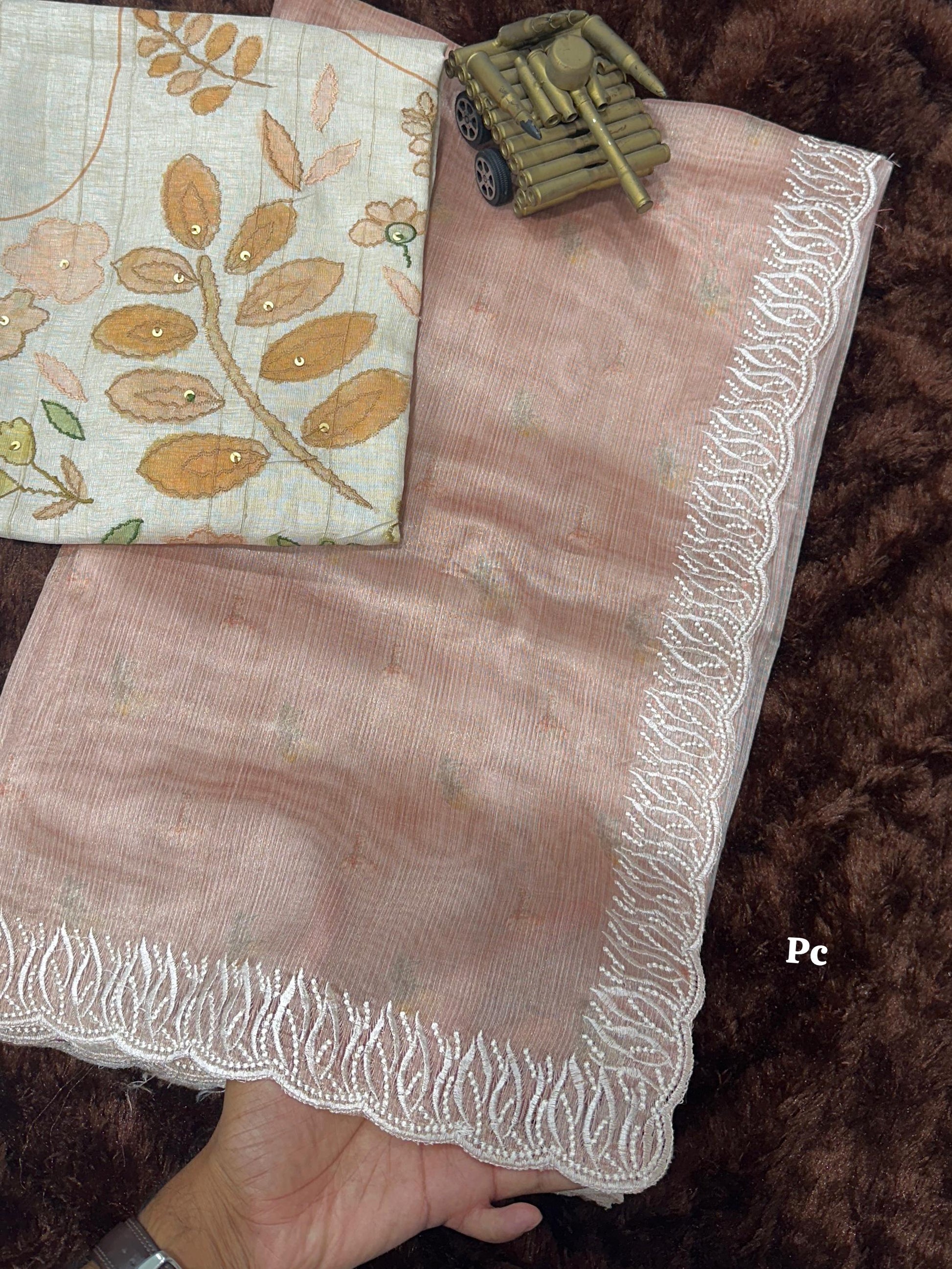 VAIDAHI Designer Tani Sani Silk Saree with Cutwork & Tusser Linen Blouse – Thread Embroidery | Elegant Party Wear