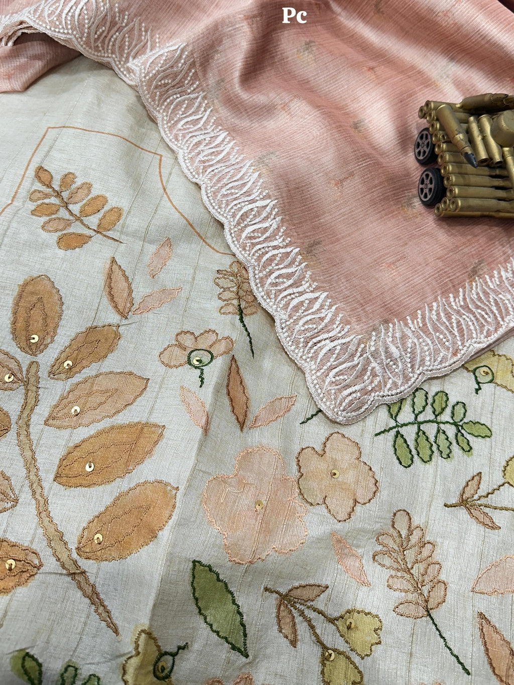 VAIDAHI Designer Tani Sani Silk Saree with Cutwork & Tusser Linen Blouse – Thread Embroidery | Elegant Party Wear