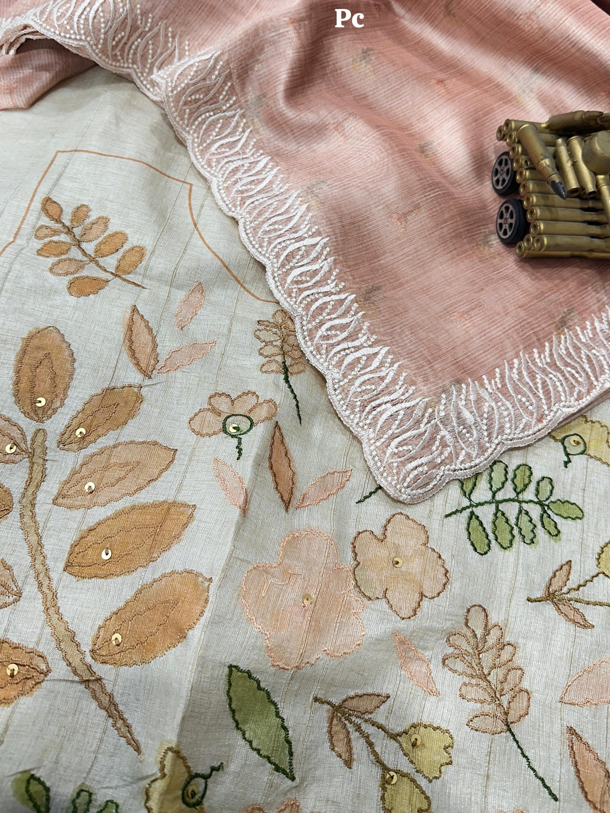 VAIDAHI Designer Tani Sani Silk Saree with Cutwork & Tusser Linen Blouse – Thread Embroidery | Elegant Party Wear