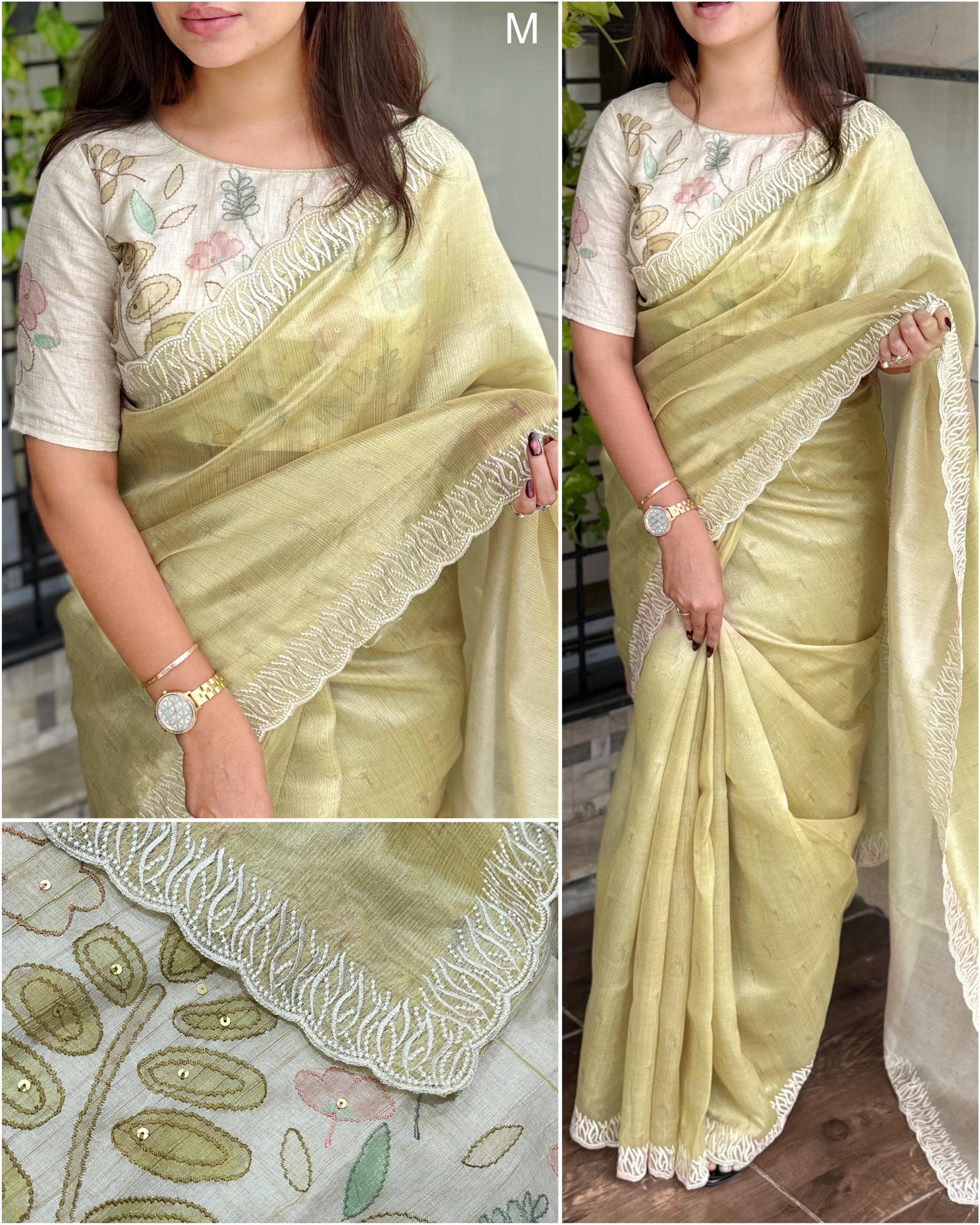 VAIDAHI Designer Tani Sani Silk Saree with Cutwork & Tusser Linen Blouse – Thread Embroidery | Elegant Party Wear