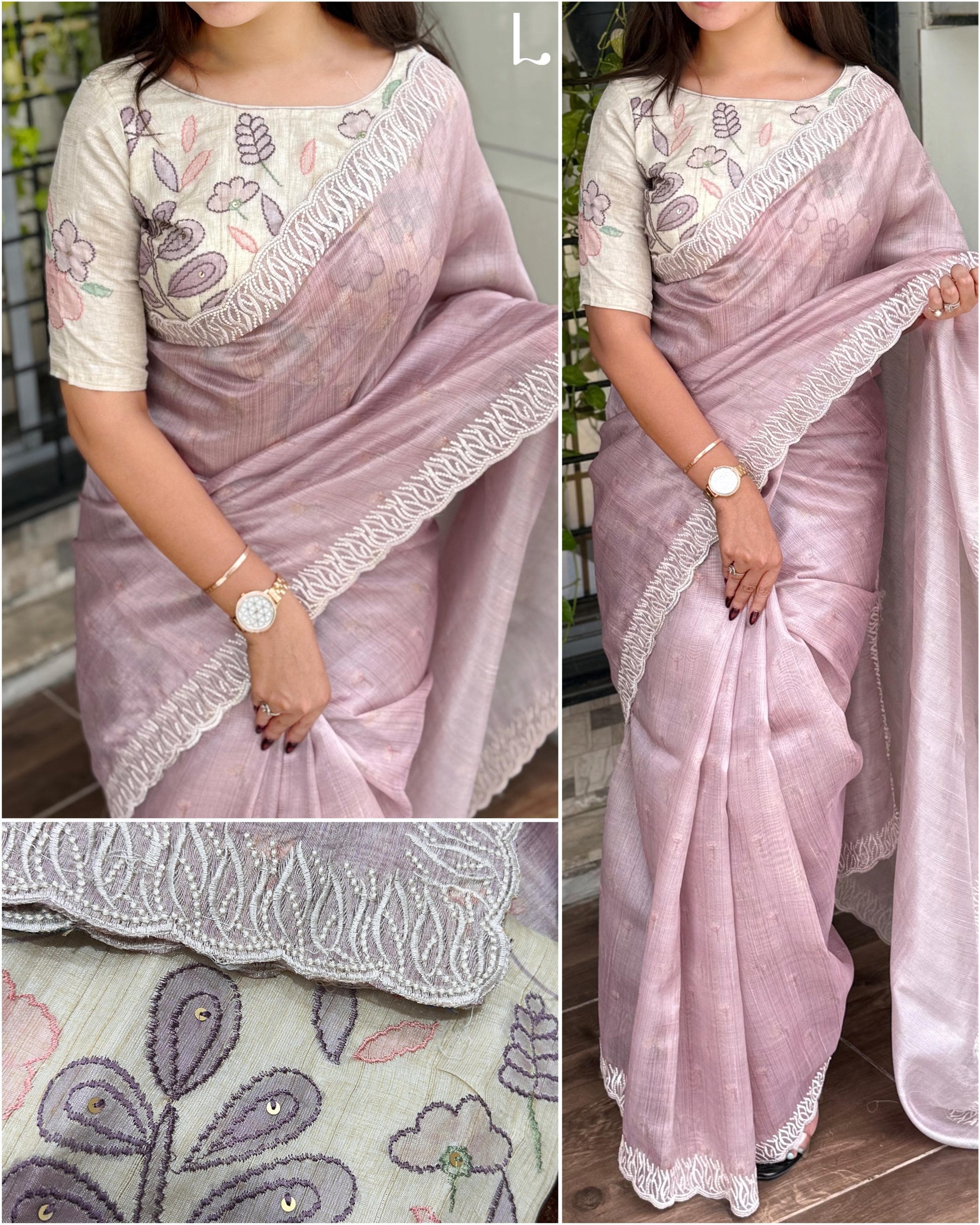 VAIDAHI Designer Tani Sani Silk Saree with Cutwork & Tusser Linen Blouse – Thread Embroidery | Elegant Party Wear