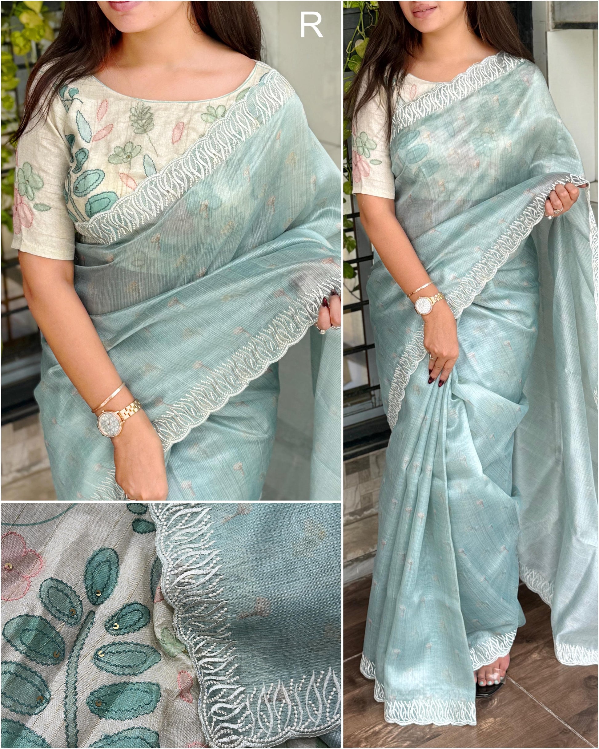 VAIDAHI Designer Tani Sani Silk Saree with Cutwork & Tusser Linen Blouse – Thread Embroidery | Elegant Party Wear