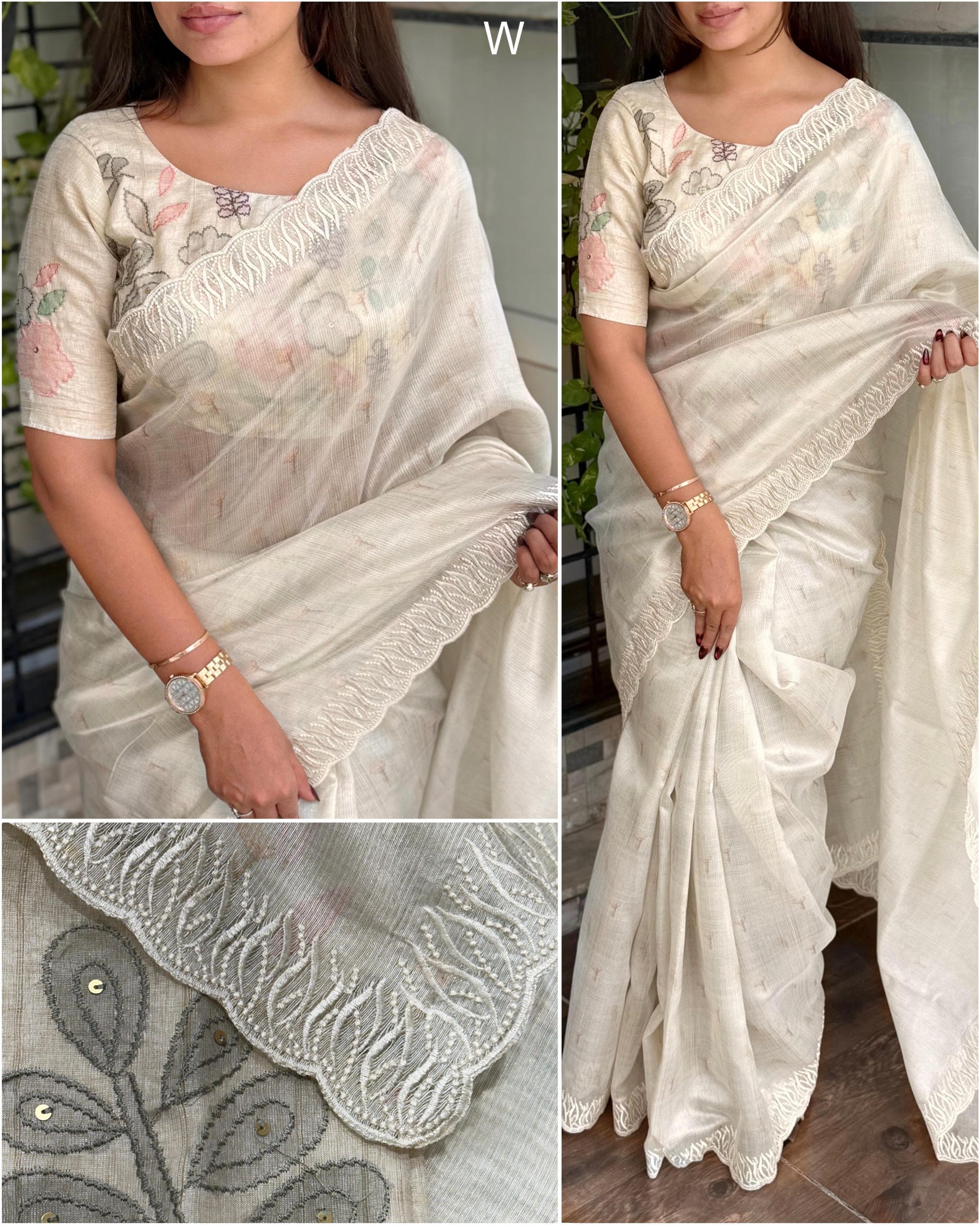VAIDAHI Designer Tani Sani Silk Saree with Cutwork & Tusser Linen Blouse – Thread Embroidery | Elegant Party Wear