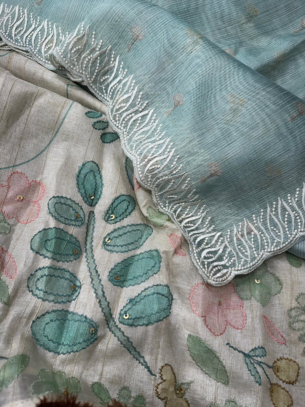VAIDAHI Designer Tani Sani Silk Saree with Cutwork & Tusser Linen Blouse – Thread Embroidery | Elegant Party Wear