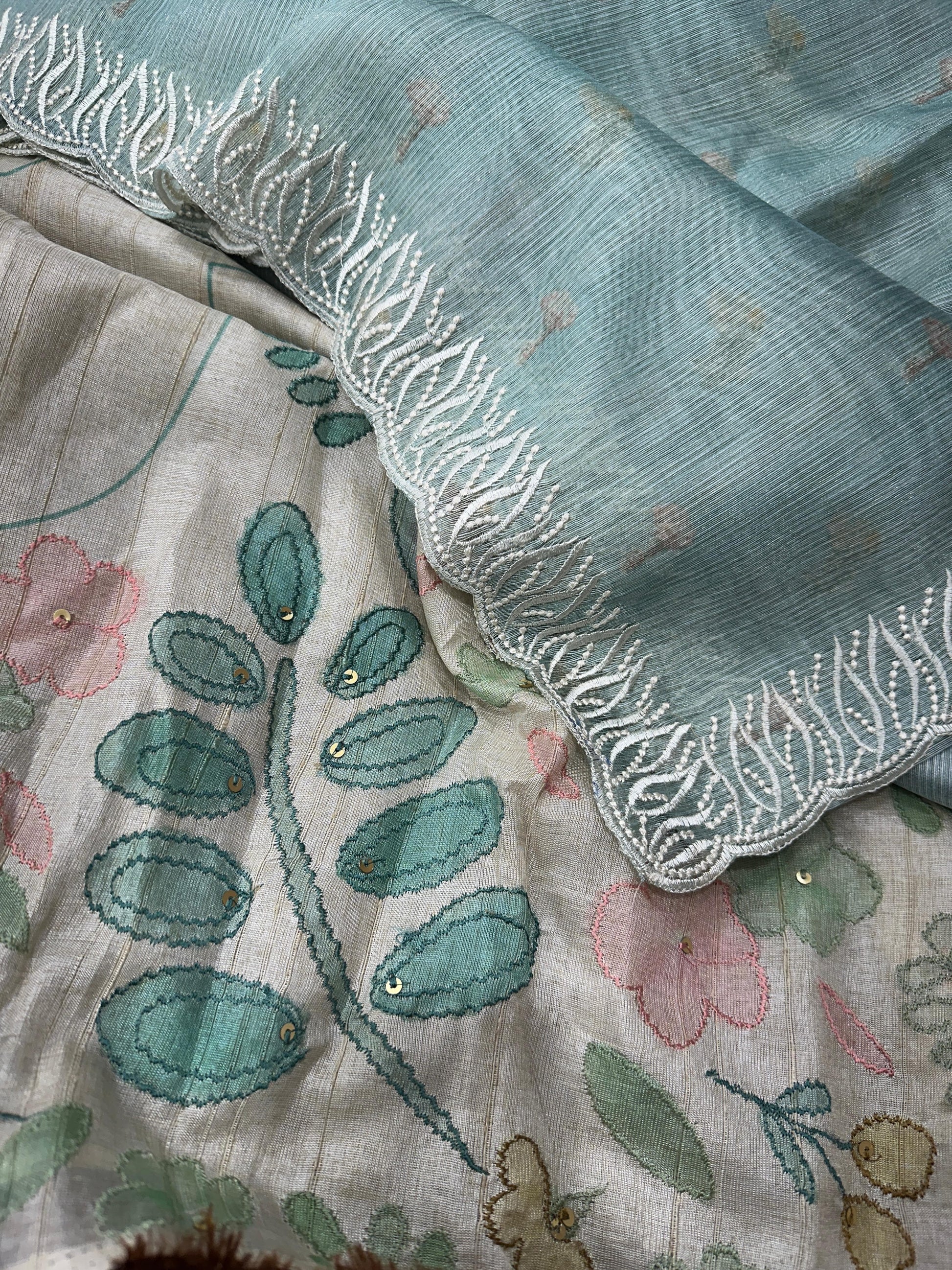 VAIDAHI Designer Tani Sani Silk Saree with Cutwork & Tusser Linen Blouse – Thread Embroidery | Elegant Party Wear