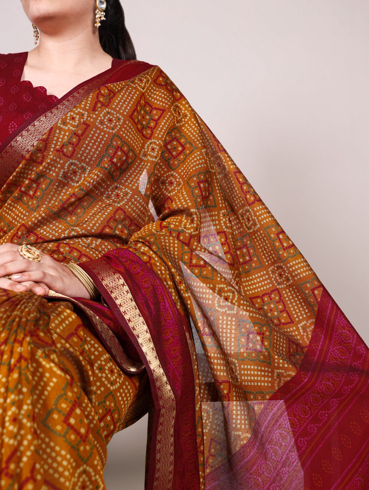 Bandhej Print Chanderi Saree with Zari Weaving – YNF7046 Series | Polyester Viscose | Unstitched Blouse | Festive Wear