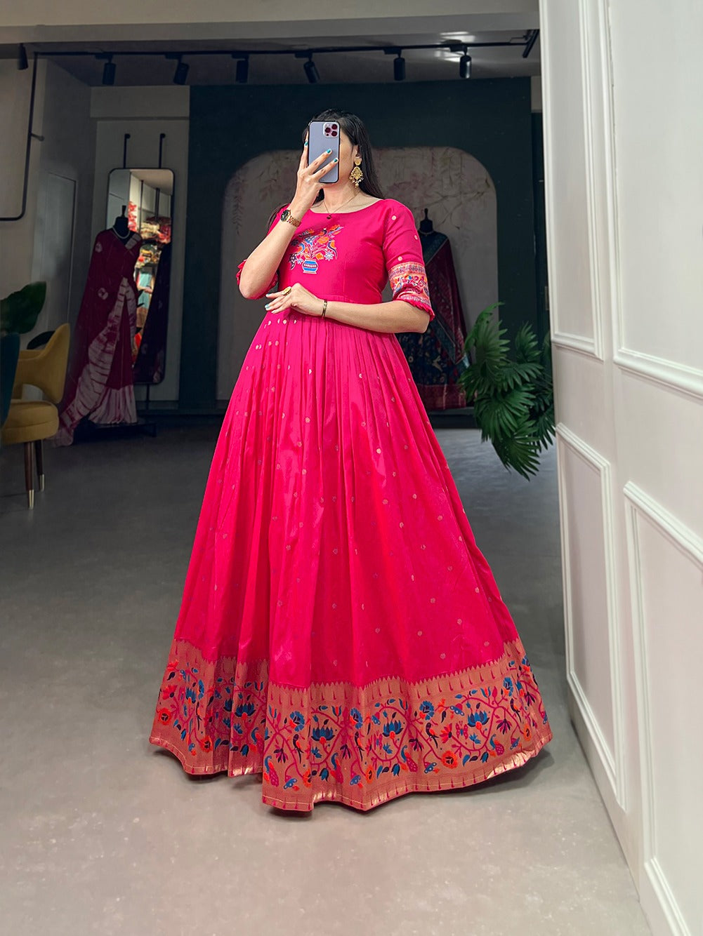 Paithani Style Jacquard Silk Gown with Zari Weaving – Fully Stitched | Traditional Party Wear Dress