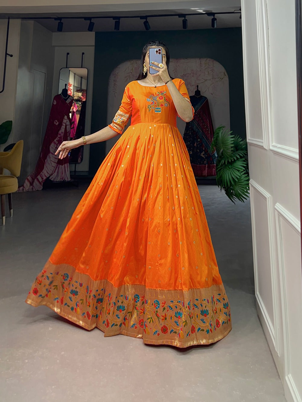 Paithani Style Jacquard Silk Gown with Zari Weaving – Fully Stitched | Traditional Party Wear Dress