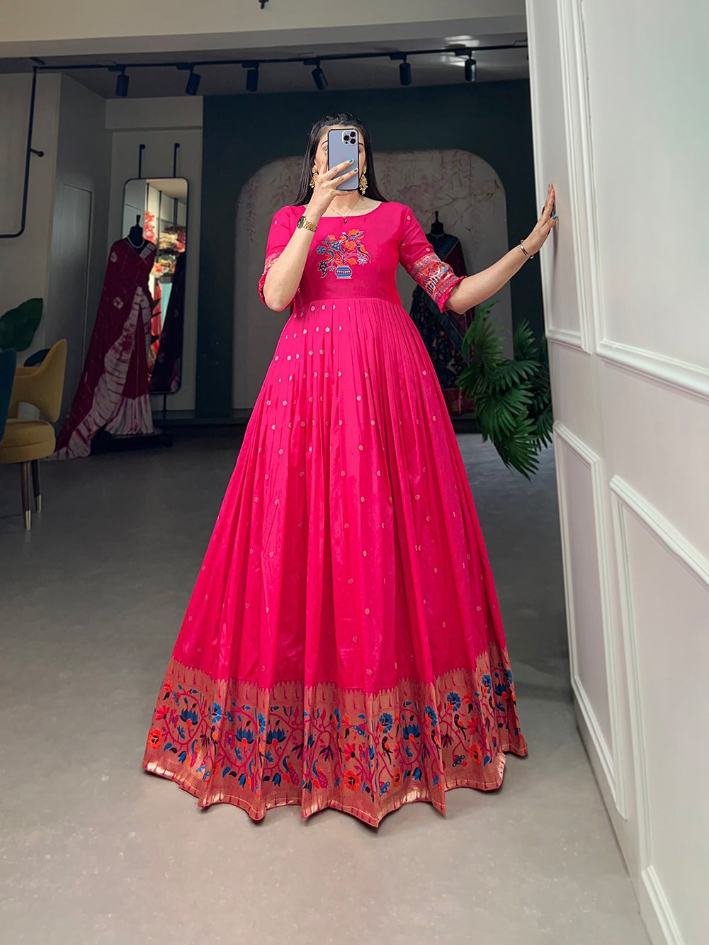 Paithani Style Jacquard Silk Gown with Zari Weaving – Fully Stitched | Traditional Party Wear Dress
