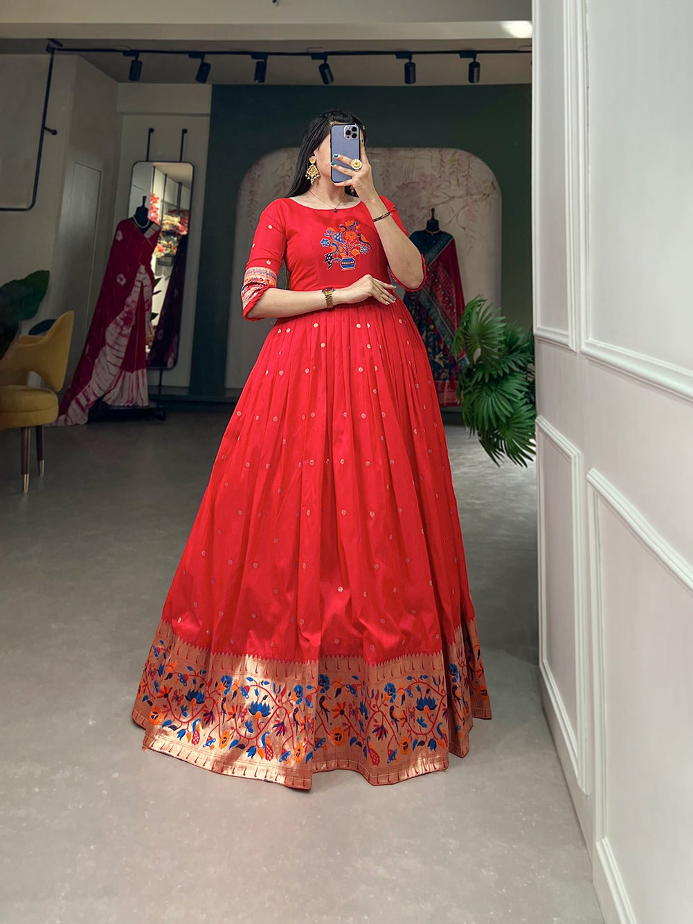 Paithani Style Jacquard Silk Gown with Zari Weaving – Fully Stitched | Traditional Party Wear Dress