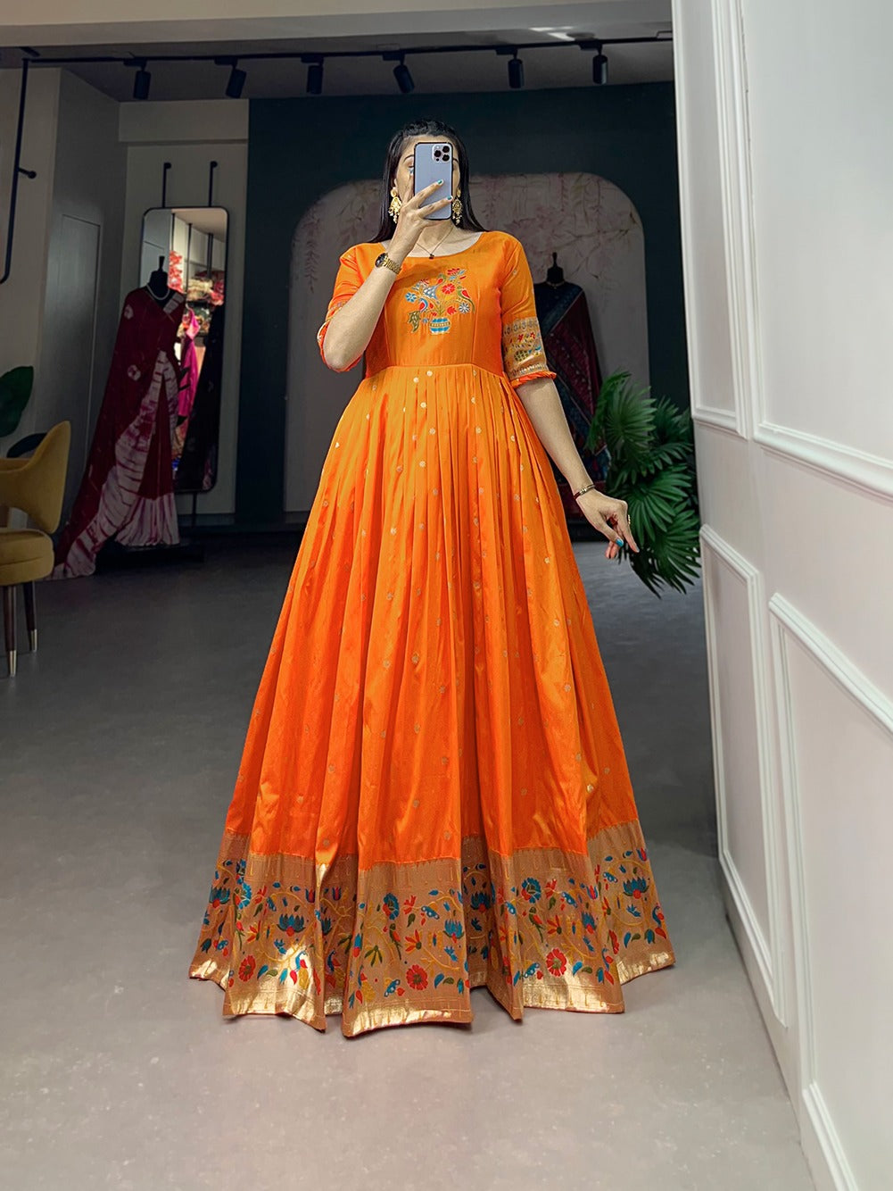 Paithani Style Jacquard Silk Gown with Zari Weaving – Fully Stitched | Traditional Party Wear Dress