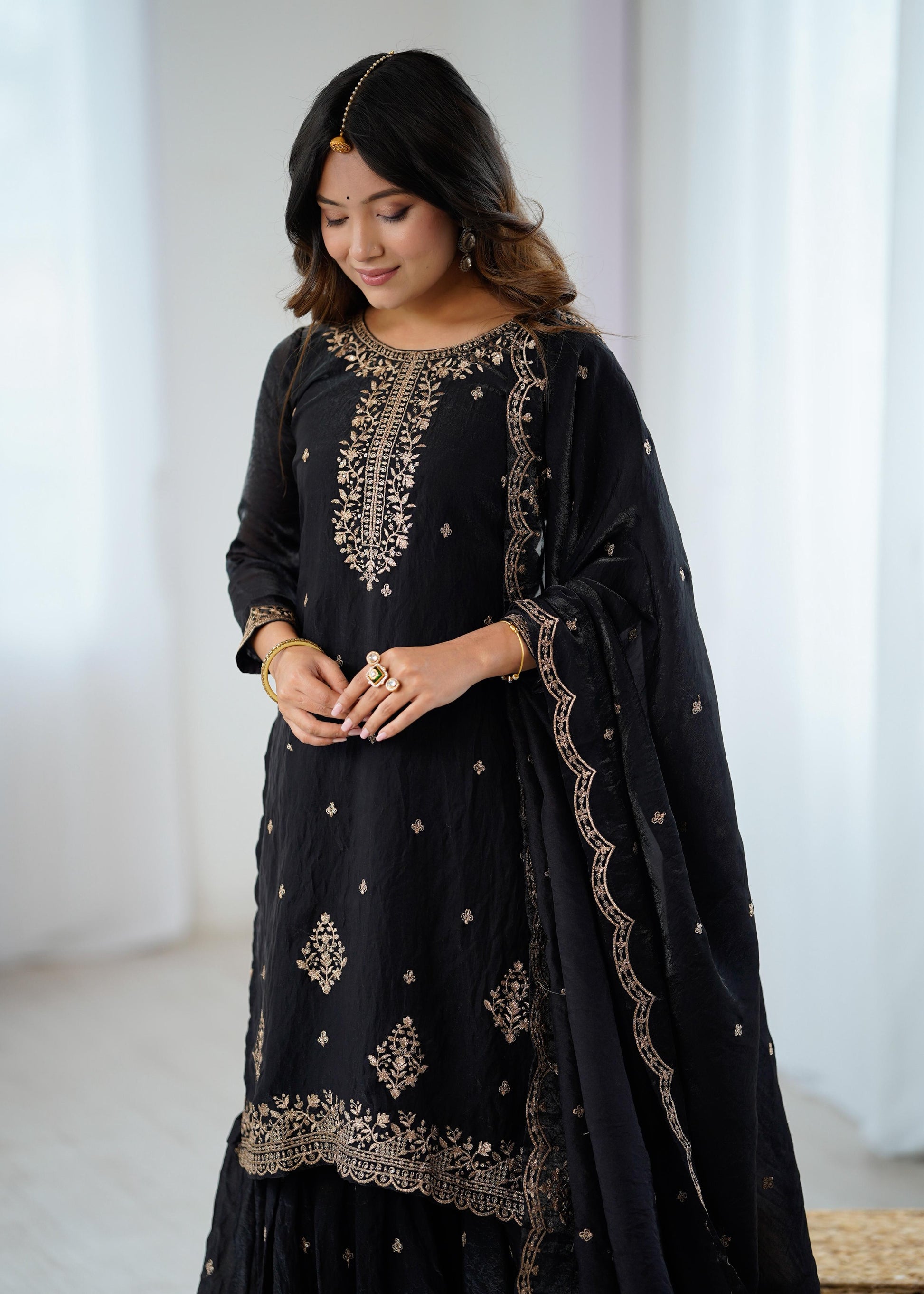 Designer Kediyakurta Sharara Set in Crunchy Silk – Jari & Sequence Embroidery | Dupatta Included | Festive Wear | Ready to Wear