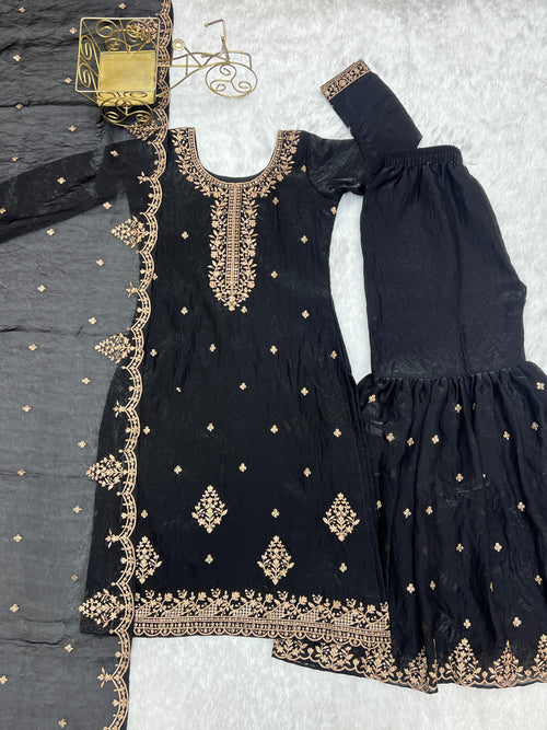 Designer Kediyakurta Sharara Set in Crunchy Silk – Jari & Sequence Embroidery | Dupatta Included | Festive Wear | Ready to Wear