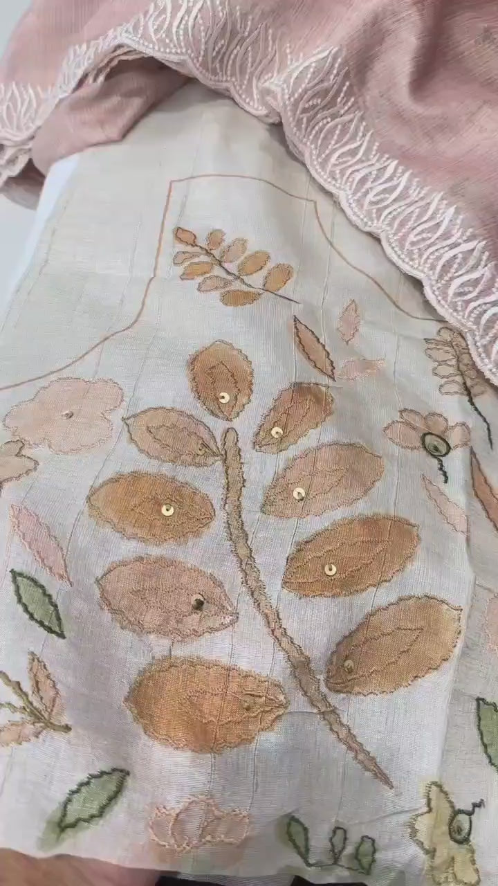 VAIDAHI Designer Tani Sani Silk Saree with Cutwork & Tusser Linen Blouse – Thread Embroidery | Elegant Party Wear