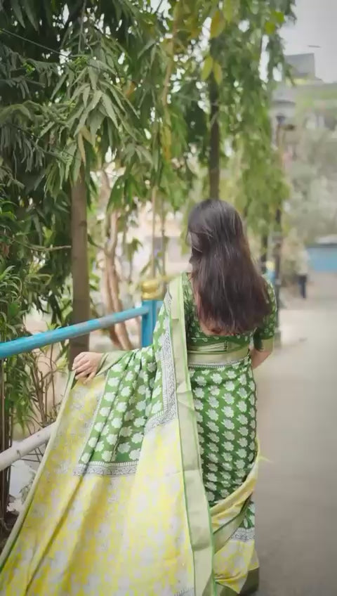 Ajrakh Print Cotton Crepe Saree – Green to Yellow Gradient with Blouse | Daily Wear & Festive Look